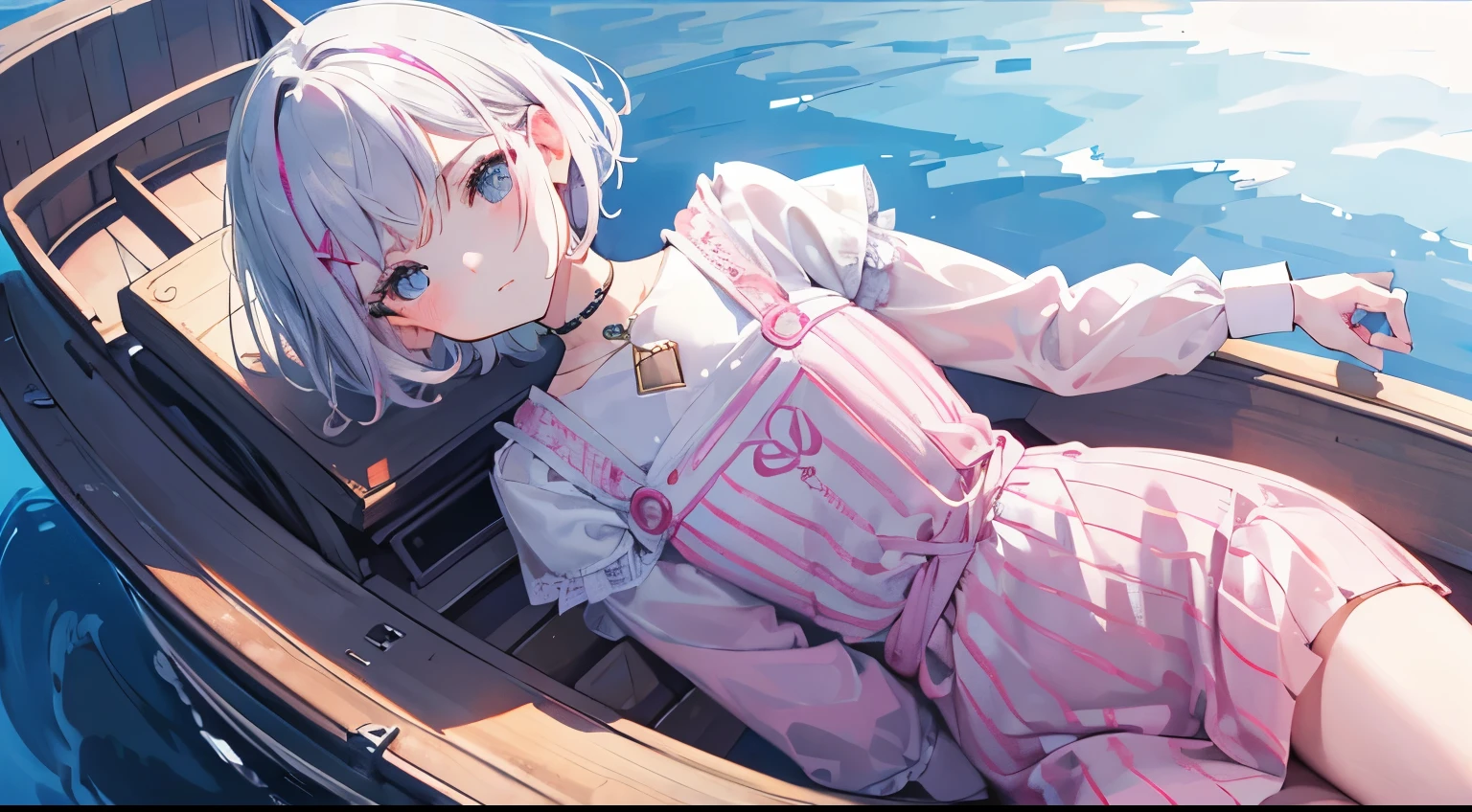 Pink woman with silver hair, Very short hairstyle, Barrette, (Far Angle), (Backlight:1.2), small boat, specular reflection, (masterpiece), (Best Quality, 8K, High resolution), Super detailed, (Reality), vivid colors