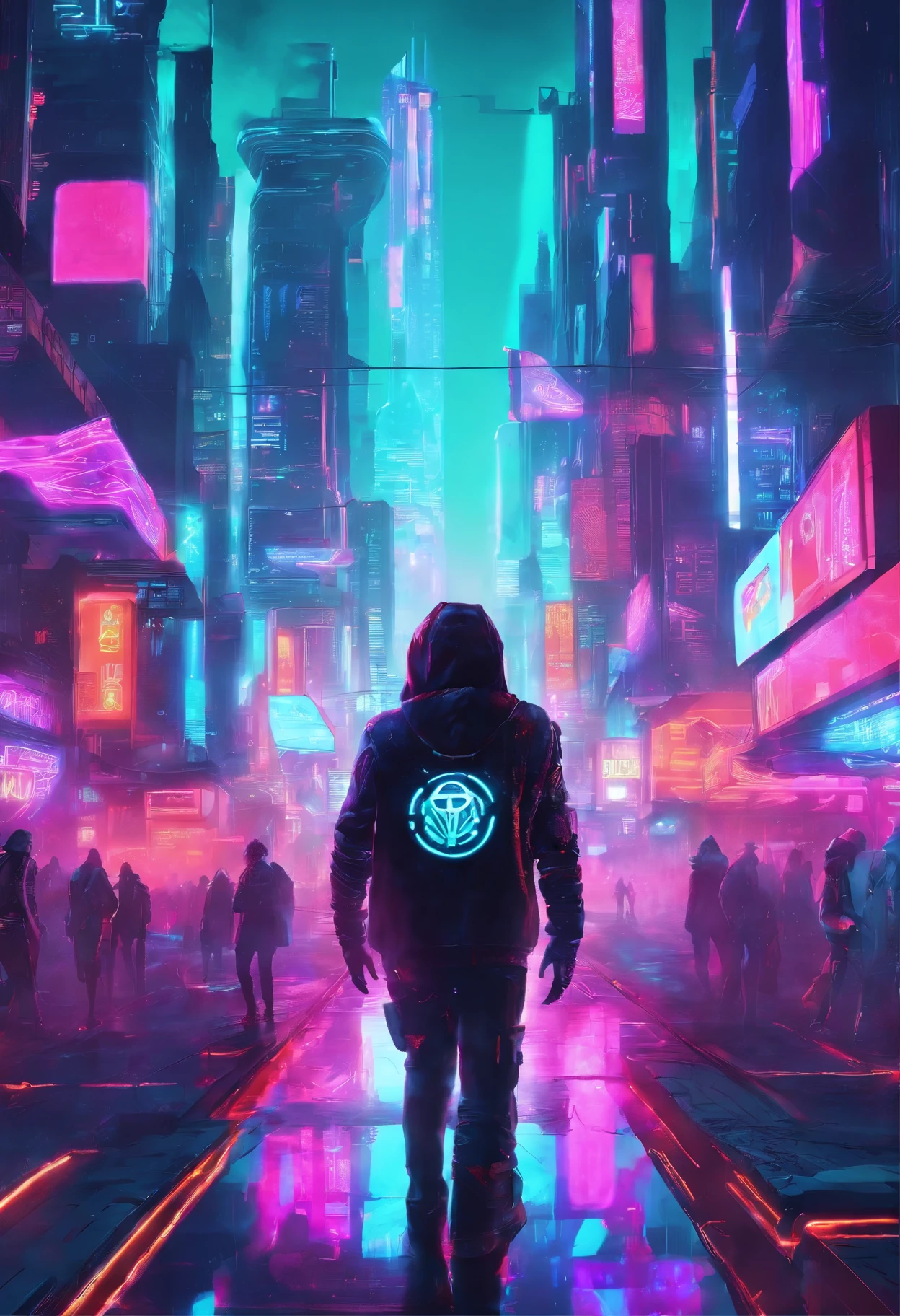 In the neon city of the future, people walk with ensigns with Bitcoin painted on them.
