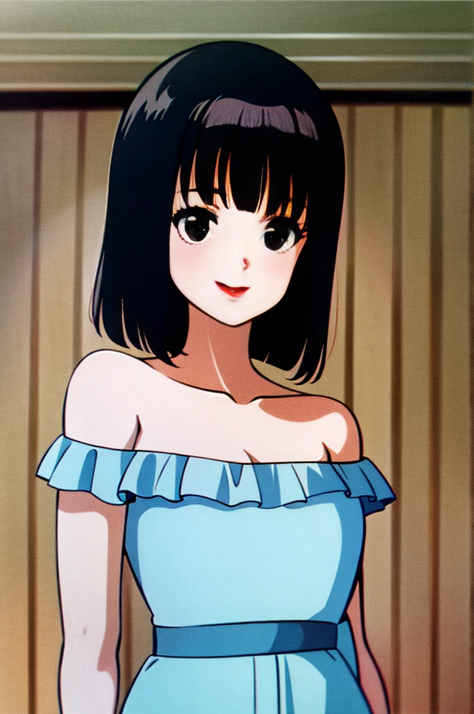 A Female with short black hair, bob cut, black eyes, Red lips, flamenco dress, shortsleeved orange ruffle off the shoulder top, black maxi skirt, bare shoulders, standing in a indoor room in style of digital illustration, anime, 1 girl, solo, close up, upper body, smile