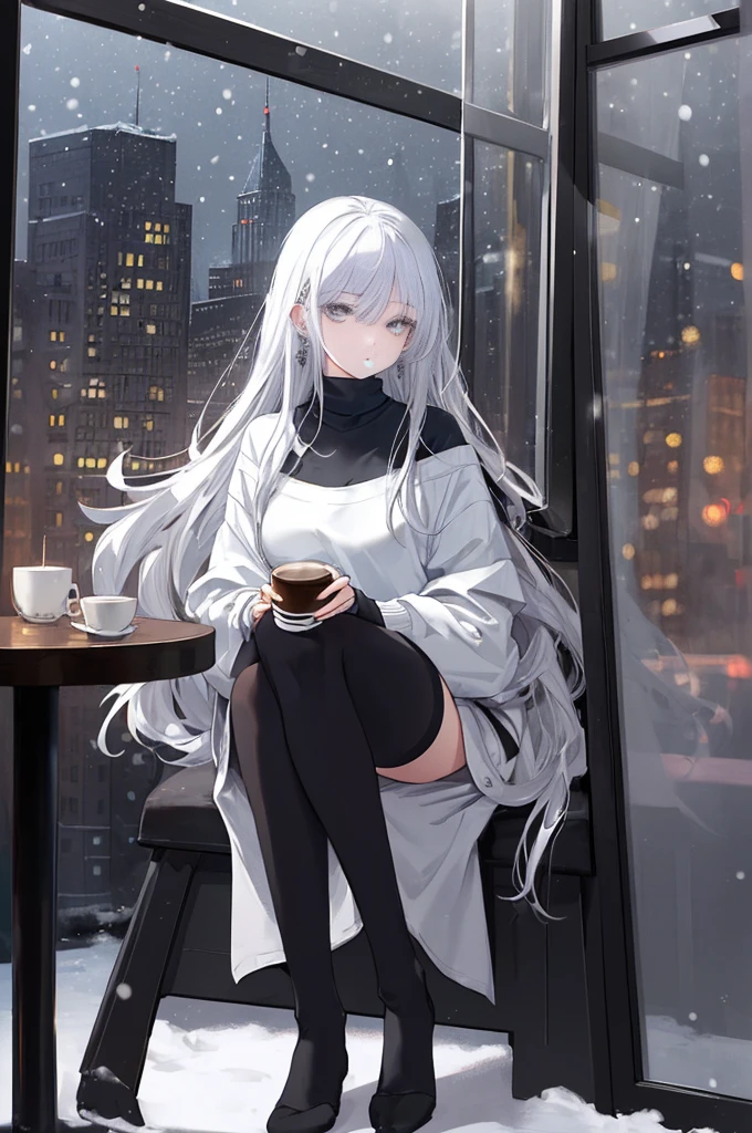 ((masterpiece:1.4, best quality:1.2)), 1girl, solo focus, very long white hair, grey eyes, black legwear, sitting, earrings, piercing, coffee shop window, night, snowing, cityscape, tall female, beautiful and delicate female, comfy ambience, {correct posing}, {detailed background},