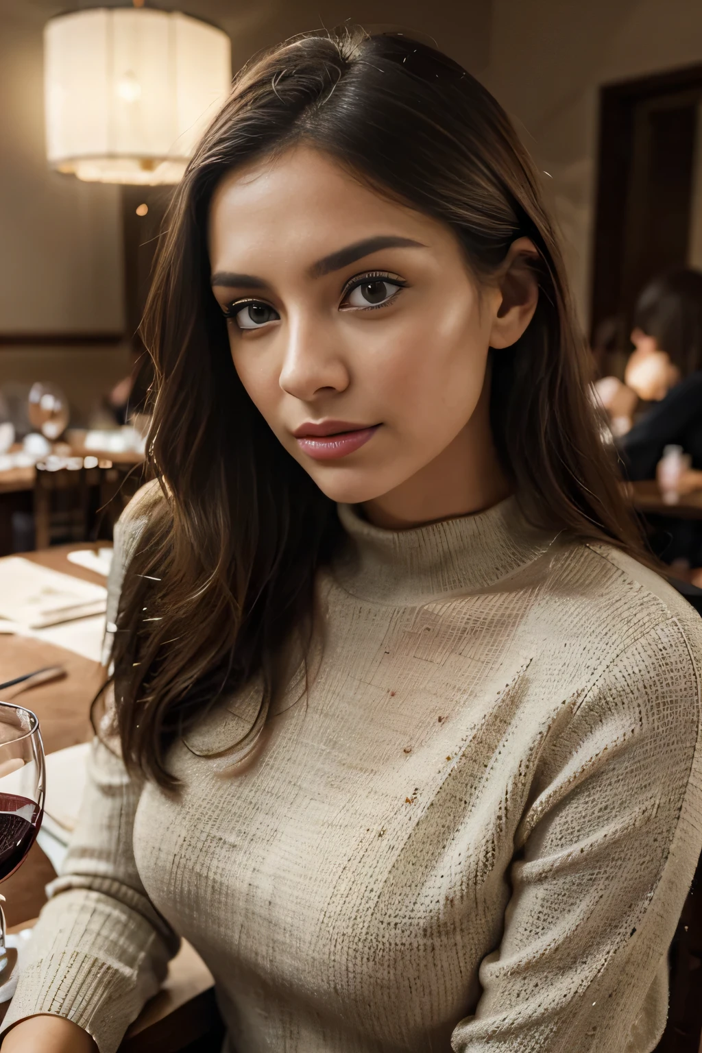 a glass of wine on the table, beautiful natalia has a nice glass of wine in an italian restaurant,She wears a sophisticated, lightweight woolen sweater in a soft pastel shade, paired with elegant, high-waisted trousers that complement her figure, vivid colors,ultra-detailed,highres,(best quality:1.2),professional,physically-based rendering,sharp focus,beautiful detailed eyes,beautiful detailed lips,extremely detailed eyes and face,longeyelashes,portraits,studio lighting,concept artists,clean vibrant colors,intricate brushstrokes,impressive realism,ethereal atmospheric,impressive realism,luminous glow,surreal composition,vividly illuminated,strikingly realistic,mesmerizing details,exquisite texture,impressive lifelike rendering,masterpiece,humanscale,brilliant hues,captivating beauty,meticulously crafted,sophisticated lighting,captivating expression,single lightsource,artful composition,dynamic pose,graceful posture