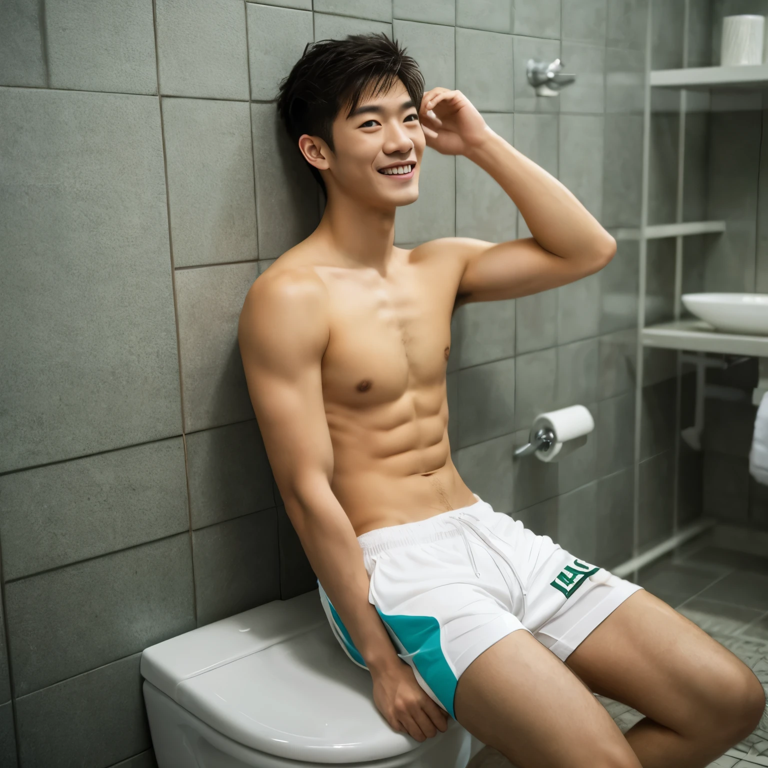 best quality, Detailed face, delicate eyes, asian photos, young male, Handsome, 1 or 2 people, Shirtless， perfect face, Perfect body, [Arms raised and crossed behind the back], Smile, 20 years old, ((whole body)), In the toilet or dormitory, sports, [Sweat], [like], [romantic], Stand or sit cross-legged, Long-legged，White socks do not wear shoes，shorts，whole body图，You can see your feet