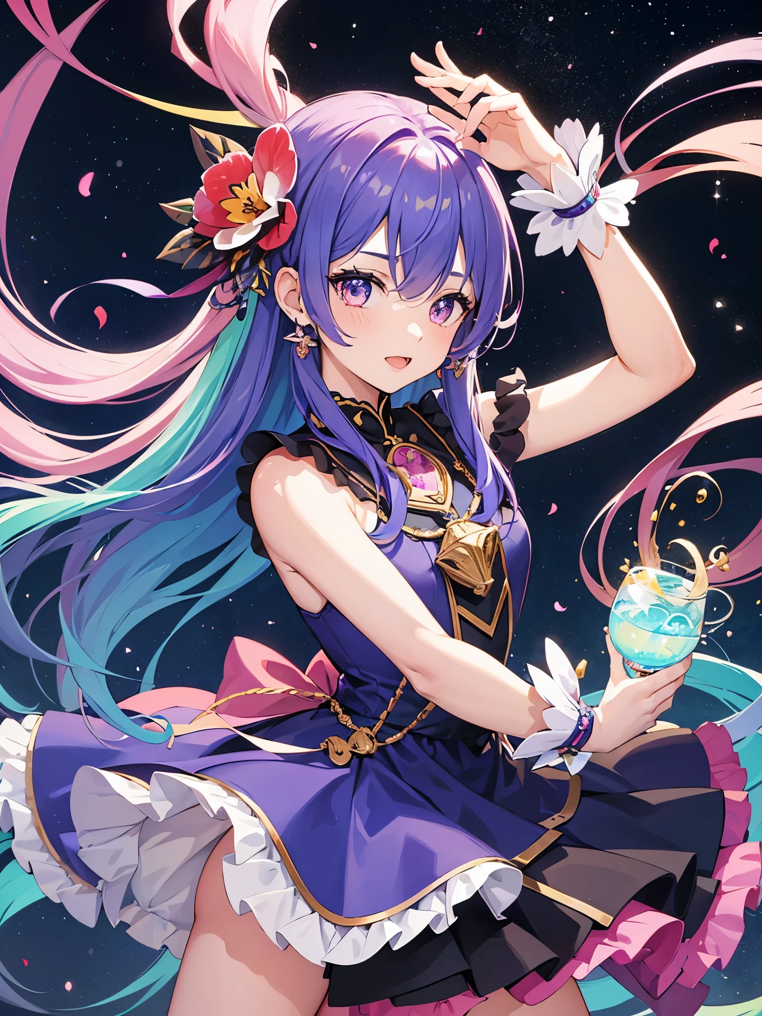 1girl, colorful hair, orchid eyes, ((spainish style dress)), ((idol)), magical girl