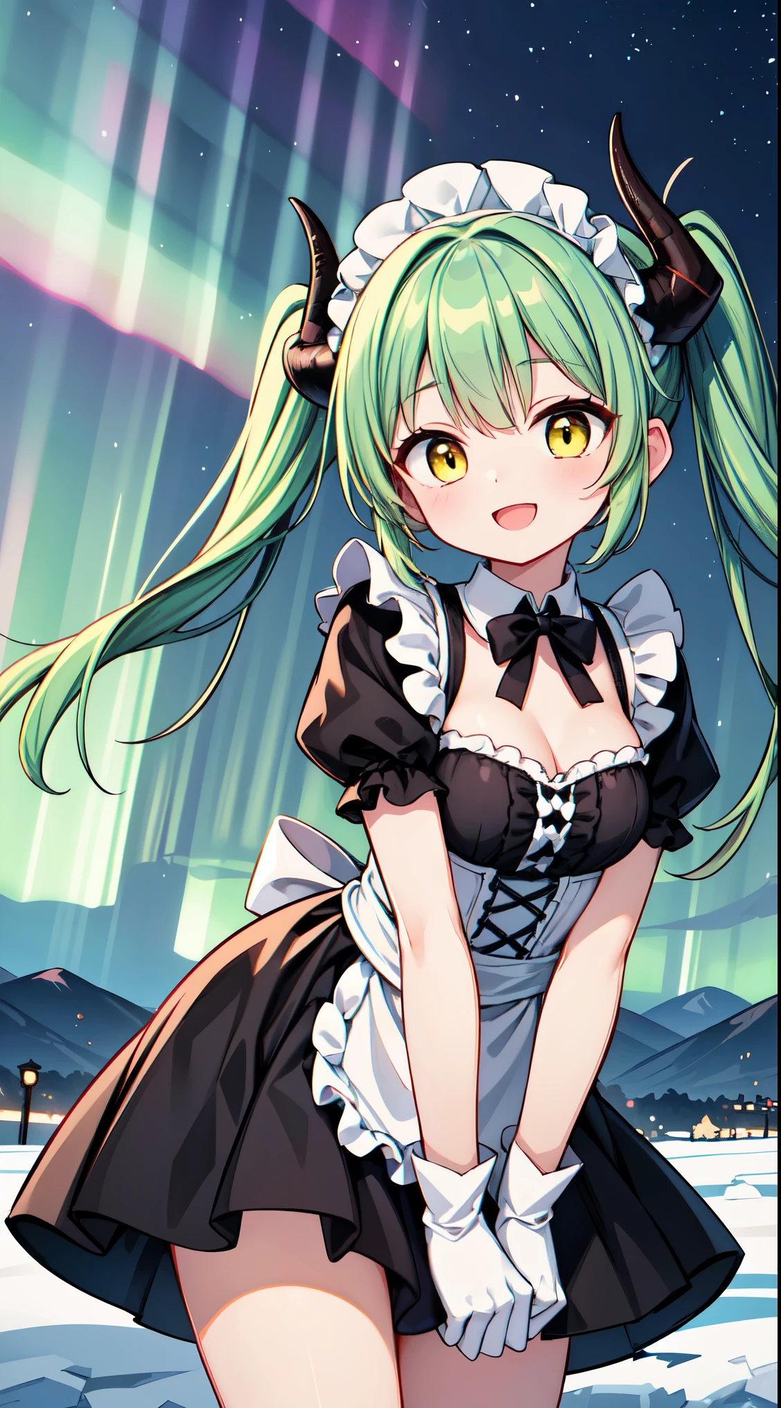 (super fine illustration:1.2),(masterpiece, 8k), (best quality, high quality:1.4), perfect anatomy, hyper detailed, ultra detailed,masterpiece background,beautiful detailed background, v8k wallpaper,perfect design,award-winning art,atmospheric, BREAK, 1 beautiful girl, (17 year old girl),alone,(cute:1.5),(Little:0.6),(cute:1.5),(change:0.5),break, :d, (twin tails, green hair, horn, long hair:1.35), (yellow eyes, double, slanted eyes:1.45), blush, double teeth, ((D cup breasts))), heart, sight, maid, /maid dragon/, dragon tail, (long eyelashes, double eyelids, thin eyebrows:1.2), alone, glowing skin, beautiful skin, beautiful skin, (highest quality face), (highest quality slanted eyes), maid outfit, gloves, open your mouth, short sleeve, smile, white gloves,(The best smile,smug face),

//Character
1girl,
BREAK
//Fashion
Countryside Jane Austen Charm,
Choose a lightweight, empire-waist Regency dress in pastel tones, capturing the romantic style of Jane Austen’s era,
BREAK
Add ribbons and bows as delicate embellishments, tying them around the waist or in the hair for a touch of Regency charm,
BREAK
Wear a bonnet or a straw hat adorned with flowers, echoing the fashion of the early 19th century,
BREAK
Opt for lace-up ballet flats in a coordinating color, providing comfort while staying true to the Regency style,
BREAK
Pin a simple cameo brooch to the bodice, reflecting the understated elegance of the

BREAK
standing, (leaning forward:1.3), looking at viewer,
BREAK nose blush, smile, open mouth,
(winter, snowy, ice, mountains, night:1.2), (under the aurora:1.5), (starry sky:1.3),
BREAK
(perfect anatomy, perfect arms, perfect hand, perfect finger, perfect legs:1.3)




BREAK,wakame,wakame,wakame, (from below:1.2), cowboy shot,


BREAK,(Blurry background:1.3),(absurderes, hight resolution, Super Detail Art),cel shading,Clear Color, Lonely optical effect, Beautiful pictures, Bright glow, mystic atmosphere,Mystical light particle effect,manga influence, clean line drawings, 