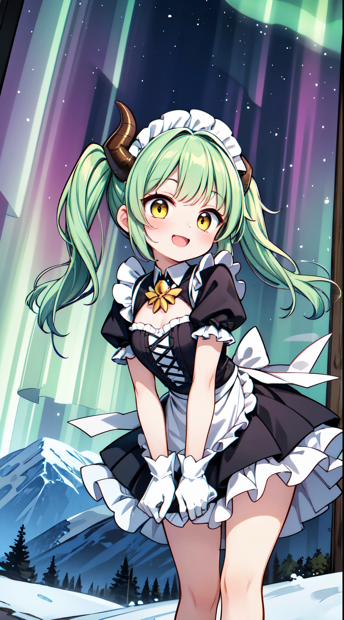 (super fine illustration:1.2),(masterpiece, 8k), (best quality, high quality:1.4), perfect anatomy, hyper detailed, ultra detailed,masterpiece background,beautiful detailed background, v8k wallpaper,perfect design,award-winning art,atmospheric, BREAK, 1 beautiful girl, ( girl),alone,(cute:1.5),(Little:0.6),(cute:1.5),(change:0.5),break, :d, (twin tails, green hair, horn, long hair:1.35), (yellow eyes, double, slanted eyes:1.45), blush, double teeth, ((D cup breasts))), heart, sight, maid, /maid dragon/, dragon tail, (long eyelashes, double eyelids, thin eyebrows:1.2), alone, glowing skin, beautiful skin, beautiful skin, (highest quality face), (highest quality slanted eyes), maid outfit, gloves, open your mouth, short sleeve, smile, white gloves,(The best smile,smug face),
//Character
1girl,
BREAK
//Fashion
Countryside Jane Austen Charm,
Choose a lightweight, empire-waist Regency dress in pastel tones, capturing the romantic style of Jane Austen’s era,
BREAK
Add ribbons and bows as delicate embellishments, tying them around the waist or in the hair for a touch of Regency charm,
BREAK
Wear a bonnet or a straw hat adorned with flowers, echoing the fashion of the early 19th century,
BREAK
Opt for lace-up ballet flats in a coordinating color, providing comfort while staying true to the Regency style,
BREAK
Pin a simple cameo brooch to the bodice, reflecting the understated elegance of the
BREAK
standing, (leaning forward:1.3), looking at viewer,
BREAK nose blush, smile, open mouth,
(winter, snowy, ice, mountains, night:1.2), (under the aurora:1.5), (starry sky:1.3),
BREAK
(perfect anatomy, perfect arms, perfect hand, perfect finger, perfect legs:1.3)
BREAK,wakame,wakame,wakame, (from below:1.2), cowboy shot,
BREAK,(Blurry background:1.3),(absurderes, hight resolution, Super Detail Art),cel shading,Clear Color, Lonely optical effect, Beautiful pictures, Bright glow, mystic atmosphere,Mystical light particle effect,manga influence, clean line drawings,