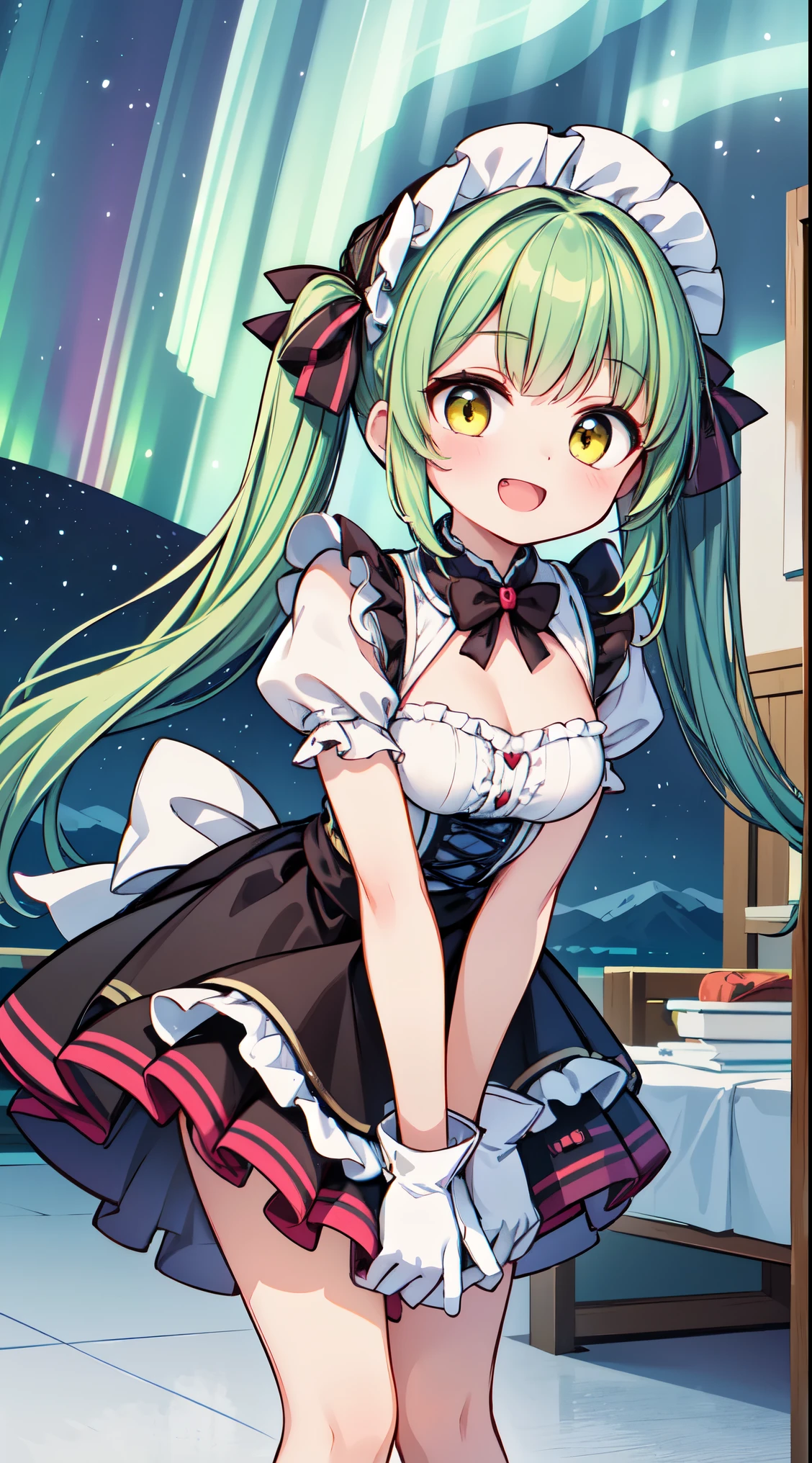 (super fine illustration:1.2),(masterpiece, 8k), (best quality, high quality:1.4), perfect anatomy, hyper detailed, ultra detailed,masterpiece background,beautiful detailed background, v8k wallpaper,perfect design,award-winning art,atmospheric, BREAK, 1 beautiful girl, ( girl),alone,(cute:1.5),(Little:0.6),(cute:1.5),(change:0.5),break, :d, (twin tails, green hair, horn, long hair:1.35), (yellow eyes, double, slanted eyes:1.45), blush, double teeth, ((D cup breasts))), heart, sight, maid, /maid dragon/, dragon tail, (long eyelashes, double eyelids, thin eyebrows:1.2), alone, glowing skin, beautiful skin, beautiful skin, (highest quality face), (highest quality slanted eyes), maid outfit, gloves, open your mouth, short sleeve, smile, white gloves,(The best smile,smug face),
//Character
1girl,
BREAK
//Fashion
Countryside Jane Austen Charm,
Choose a lightweight, empire-waist Regency dress in pastel tones, capturing the romantic style of Jane Austen’s era,
BREAK
Add ribbons and bows as delicate embellishments, tying them around the waist or in the hair for a touch of Regency charm,
BREAK
Wear a bonnet or a straw hat adorned with flowers, echoing the fashion of the early 19th century,
BREAK
Opt for lace-up ballet flats in a coordinating color, providing comfort while staying true to the Regency style,
BREAK
Pin a simple cameo brooch to the bodice, reflecting the understated elegance of the
BREAK
standing, (leaning forward:1.3), looking at viewer,
BREAK nose blush, smile, open mouth,
(winter, snowy, ice, mountains, night:1.2), (under the aurora:1.5), (starry sky:1.3),
BREAK
(perfect anatomy, perfect arms, perfect hand, perfect finger, perfect legs:1.3)
BREAK,wakame,wakame,wakame, (from below:1.2), cowboy shot,
BREAK,(Blurry background:1.3),(absurderes, hight resolution, Super Detail Art),cel shading,Clear Color, Lonely optical effect, Beautiful pictures, Bright glow, mystic atmosphere,Mystical light particle effect,manga influence, clean line drawings,