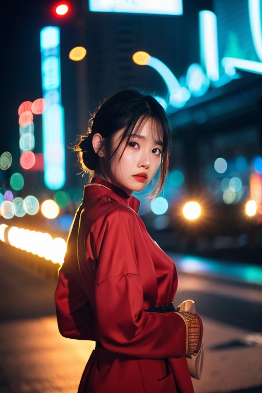 (cinematic aesthetic:1.4) Beautiful Korean fashion model bokeh city night photo