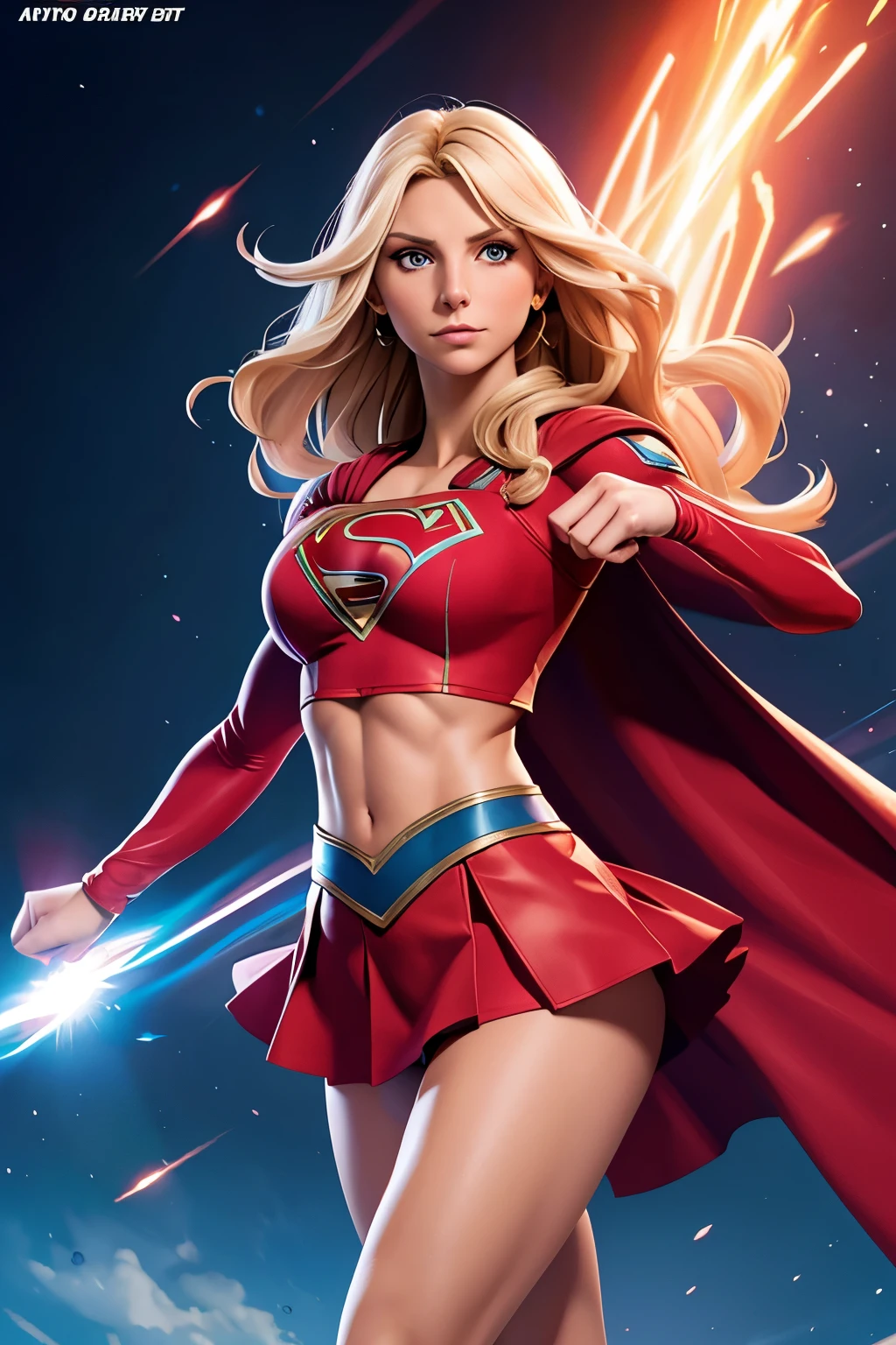 Charlotte Flair as supergirl, extremely fit, well built, midriff exposed, abs, short skirt, lifting off as she starts to fly, eyes glowing red, menacing, 4k, highly detailed, comic book art