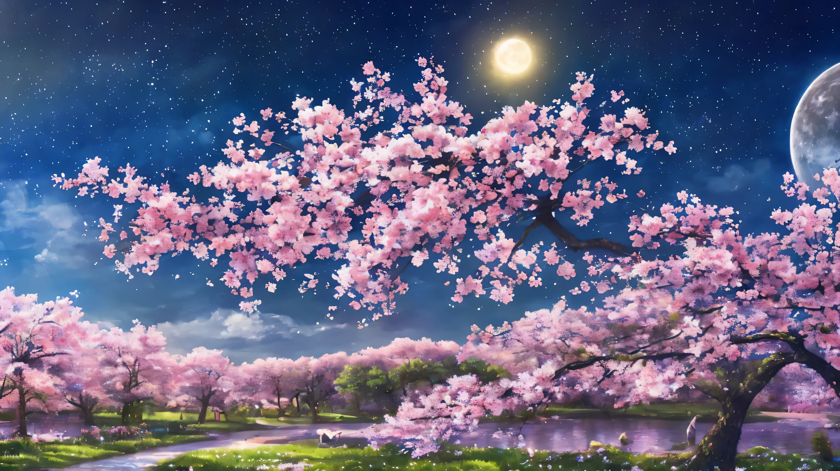 masterpiece, best quality, ultra-detailed, illustration, intricate details, ultra detailed, sakura tree far in the background, night sky, beautiful stars, detailed moon