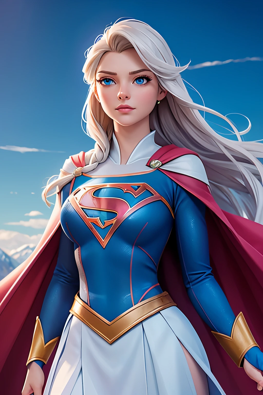 Elsa as a Supergirl, full body, painted with vibrant colors,lit by bright studio lighting,showcasing a realistic and photorealistic portrayal of the character,Elsa. The artwork is a magnificent masterpiece, crafted with extreme attention to detail,depicting Elsa's beautiful detailed eyes and lips. Her eyes are mesmerizing and full of life, with long eyelashes that accentuate her stunning appearance. The painting showcases Elsa in a powerful and confident pose, radiating strength and grace. She is dressed in a supergirl costume, with a flowing cape and a symbol on her chest, symbolizing her superpowers. The background is a scenic landscape, with mountains and a clear blue sky. The vibrant colors of the artwork bring the character to life, with vivid shades of blue, white, and silver. The lighting highlights Elsa's features, casting a soft glow on her face. The overall composition of the painting is balanced and visually appealing, capturing the essence of Elsa as a Supergirl. The artwork is created using a mix of traditional painting techniques and digital rendering, resulting in a unique and visually striking piece. The image quality is exceptional, with a resolution of 8K, showcasing every intricate detail of the artwork. The combination of Elsa as a Supergirl and the artistic style creates a captivating and awe-inspiring piece of art.