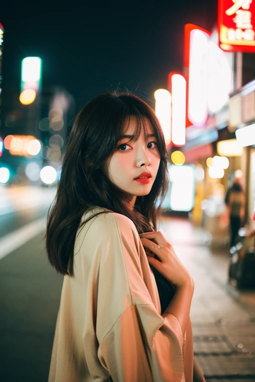 (cinematic aesthetic:1.4) Beautiful Korean fashion model bokeh city night photo