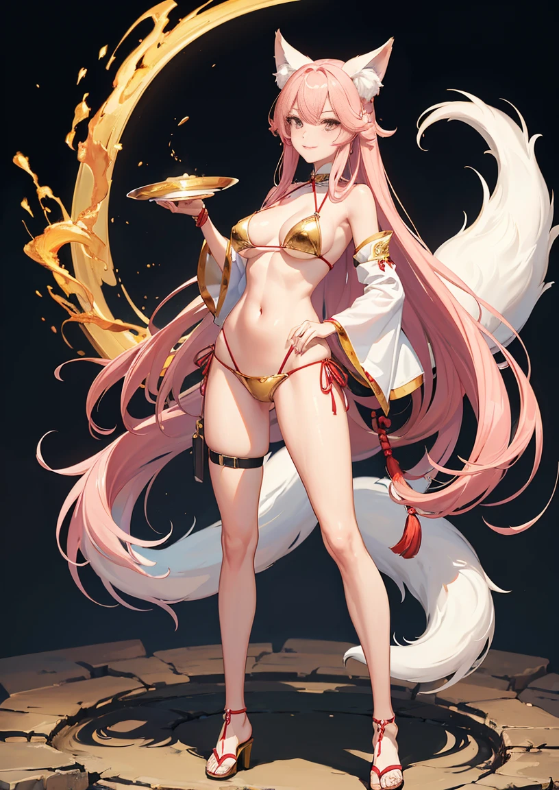 Masterpiece, best quality, full hd 8k, highly detailed, picture perfect, full body, solo, 1 woman, mature, medium breasts, golden eyes, very long pink hair, japanese, warrior, kitsune, fox tail, fox ears, bikini samurai armor, bra armor plate, standing, legs apart, smiling, seductive look, nfsw
