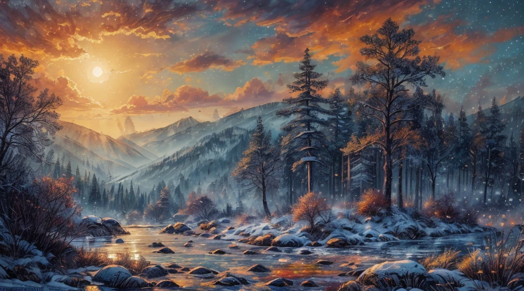 (((masterpiece))), (((best quality))), ((ultra-detailed)), {{8k_wallpaper}}, bokeh f1.8, ((bokeh light)), cinematic light, masterpiece painting, Sun in Splendour, cold winter, sun in rags, colorful sky, cold colours