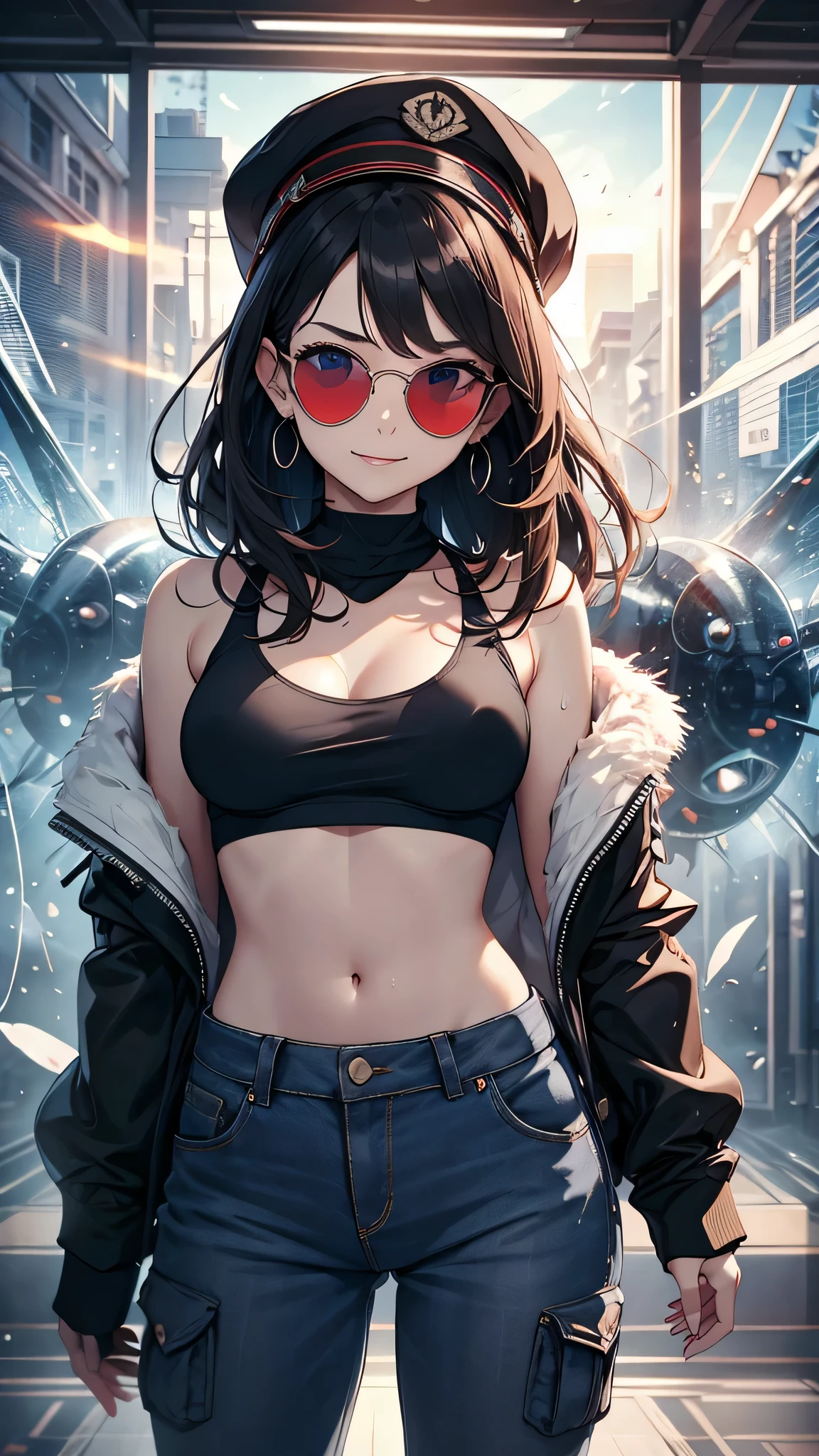 最high quality、best image quality、masterpiece、teenage girl((18-year-old、 By becoming、vest bust、medium bust,wide open breast tea、black eye, black hair、long hair、thin,highest valley、Perforated gloves、blue earrings、bandana、cute smile、sweating、wrap the jacket around your waist、blue cap hat、Random movement、red sun glasses、blue tank top、military pants、wrist set、shoulder bag)),high quality、beautiful art、background((fighter jet、hangar)),debris flies、Depth of written boundary、movie、visual art、perfect art、8K,genuine