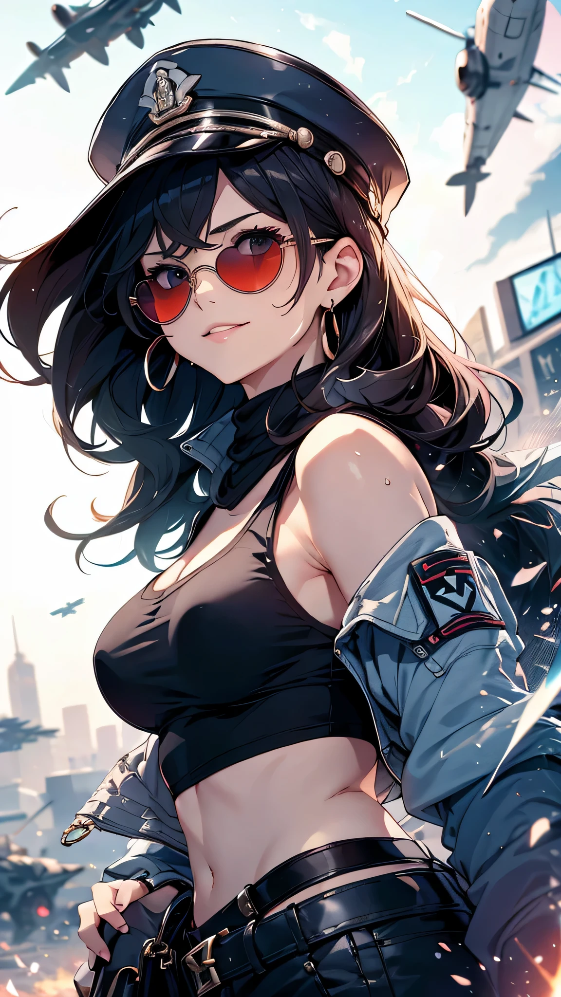 最high quality、best image quality、masterpiece、teenage girl((18-year-old、 By becoming、vest bust、medium bust,wide open breast tea、black eye, black hair、long hair、thin,highest valley、Perforated gloves、blue earrings、bandana、black stretch work clothes、red work pants、have work tools、the whole body gets dirty、At work、cute smile、sweating、wrap the jacket around your waist、blue cap hat、Random movement)),high quality、beautiful art、background((fighter jet、hangar)),debris flies、Depth of written boundary、movie、visual art、perfect art、8K,genuine