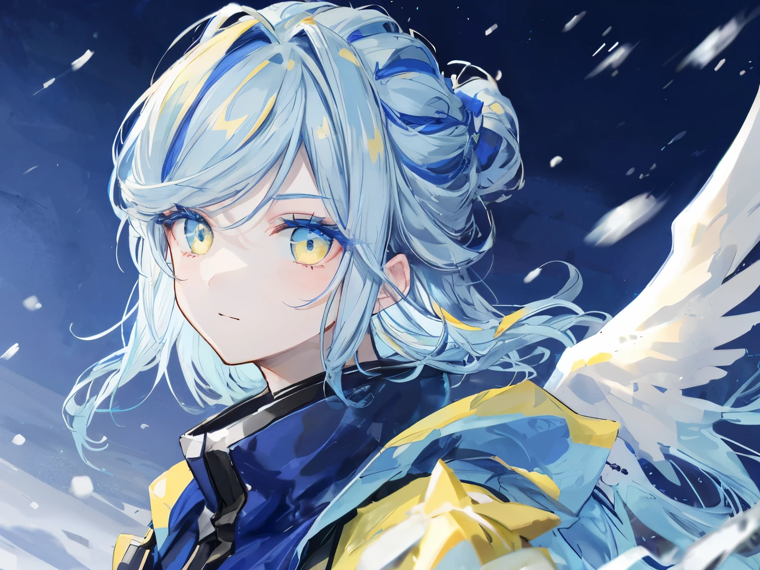 highest quality、best quality、super detailed、perfect face、very detailed、very delicate、1 boy, (cute), Angel, light blue hair、half up、place々Blue Mesh、blue and yellow gradient eyes、Noble attire、snow mountain、Snow blows、nature、detailed background