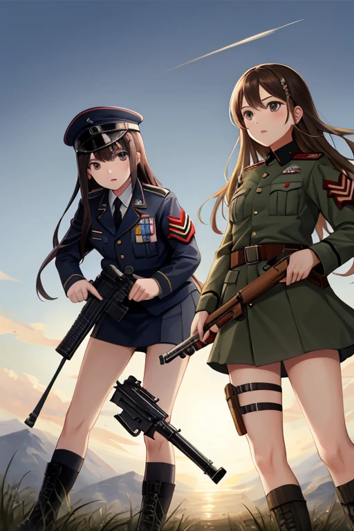 girls in military uniform from the two world war, holding weapons, on the battlefield