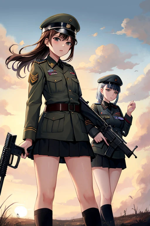 girls in military uniform from the two world war, holding weapons, on the battlefield