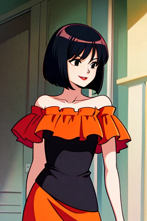 A Female with short black hair, bob cut, black eyes, Red lips, strapless, orange flamenco dress, shortsleeved orange ruffle off the shoulder top, black maxi skirt, bare shoulders, standing in a indoor room in style of digital illustration, anime, 1 girl, solo, upper body, smile