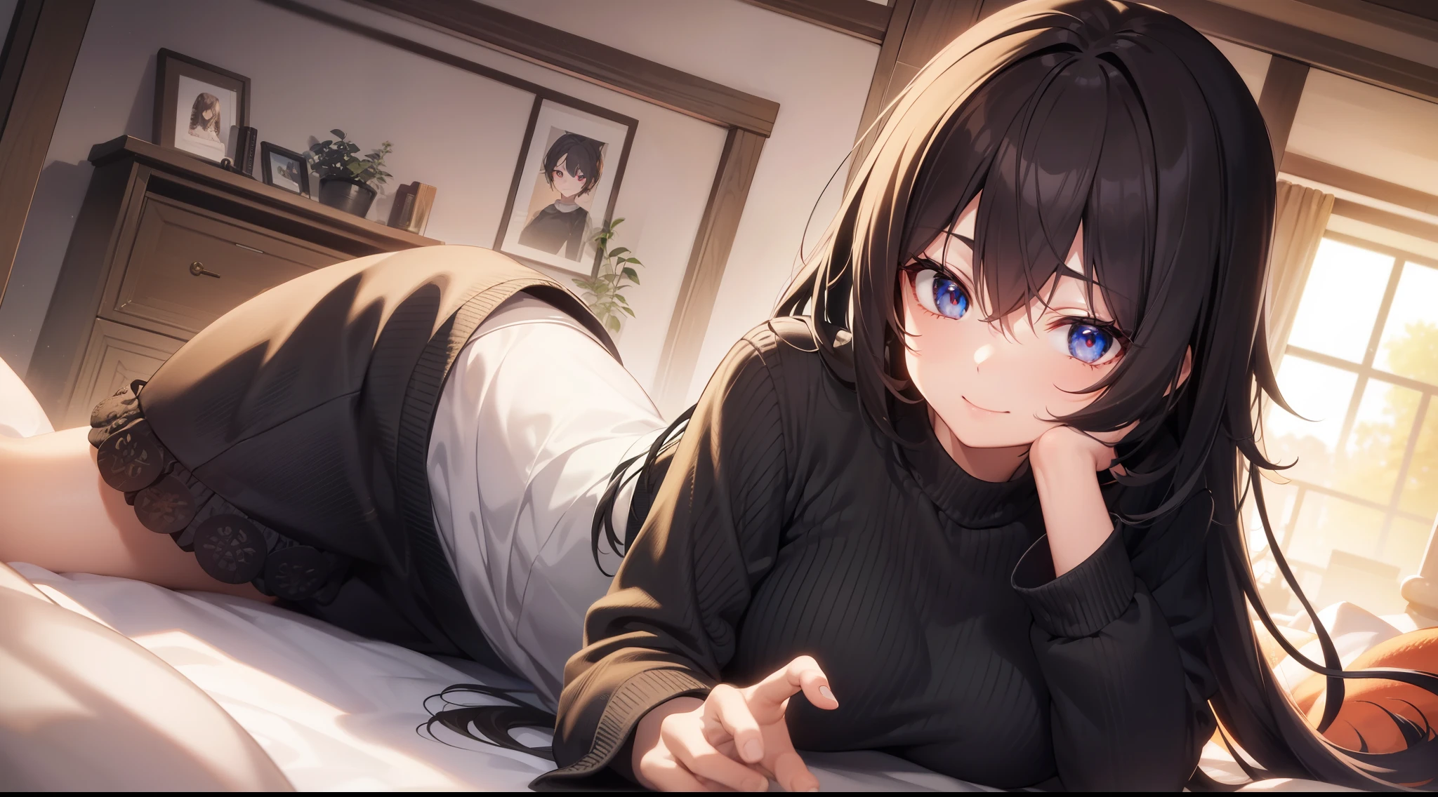 haruzawa_ayumi, medium hair, ahoge, black hair, orange eyes, small breast, casual outfit, black realm, calm, smile, waiting, BREAK looking at viewer, BREAK (masterpiece:1.2), best quality, high resolution, unity 8k wallpaper, (illustration:0.8), (beautiful detailed eyes:1.6), extremely detailed face, perfect lighting, extremely detailed CG, (perfect hands, perfect anatomy)