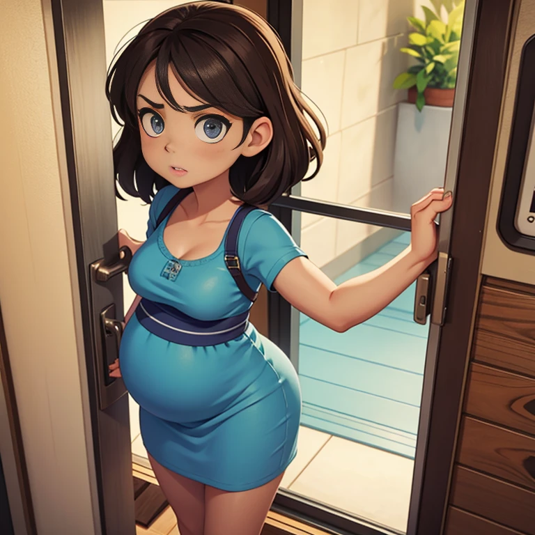 Beautiful brunette woman in her thirties, pregnant, huge , slim, small waist, round ass, wearing a blue sundress. She has grey big eyes, small nose and full lips. Angry expression. Standing outside the door in the porch. Point of view from inside the house and from above her