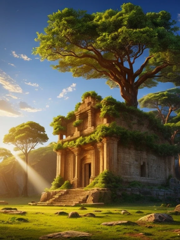 A mystical and ancient world, from an era before human existence, de um lado fortes trevas, on the other the presence of light, representando o dia e a noite, as trevas e a luz