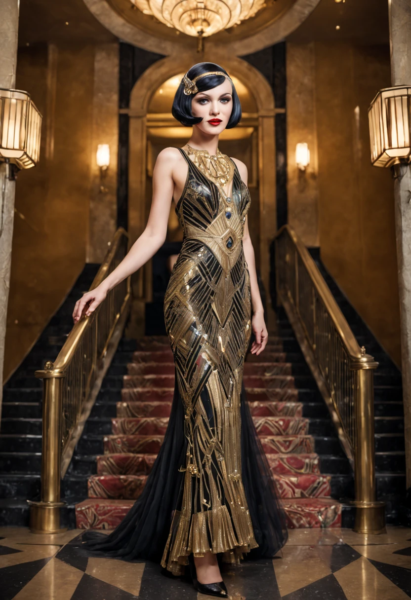 Art Deco, Art Deco style, Art Deco lobby, grand staircase, geometric patterns, gold and chrome accents, flapper girl descending, sleek bob haircut, beaded gown, (opulence), (symmetry), (high contrast), (vibrant), (1920s elegance) . geometric shapes, bold colors, luxurious, elegant, decorative, symmetrical, ornate, detailed, sleek, geometric forms