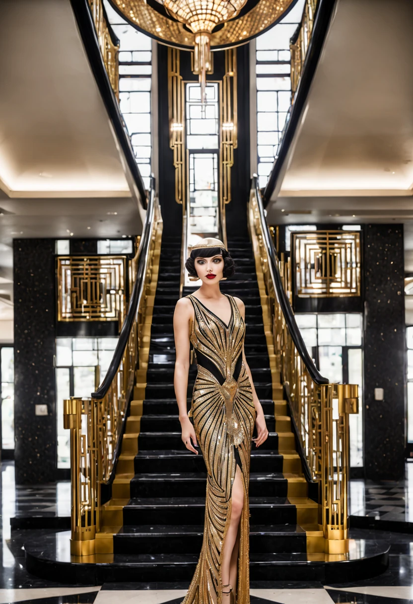 Art Deco, Art Deco style, Art Deco lobby, grand staircase, geometric patterns, gold and chrome accents, flapper girl descending, sleek bob haircut, beaded gown, (opulence), (symmetry), (high contrast), (vibrant), (1920s elegance) . geometric shapes, bold colors, luxurious, elegant, decorative, symmetrical, ornate, detailed, sleek, geometric forms