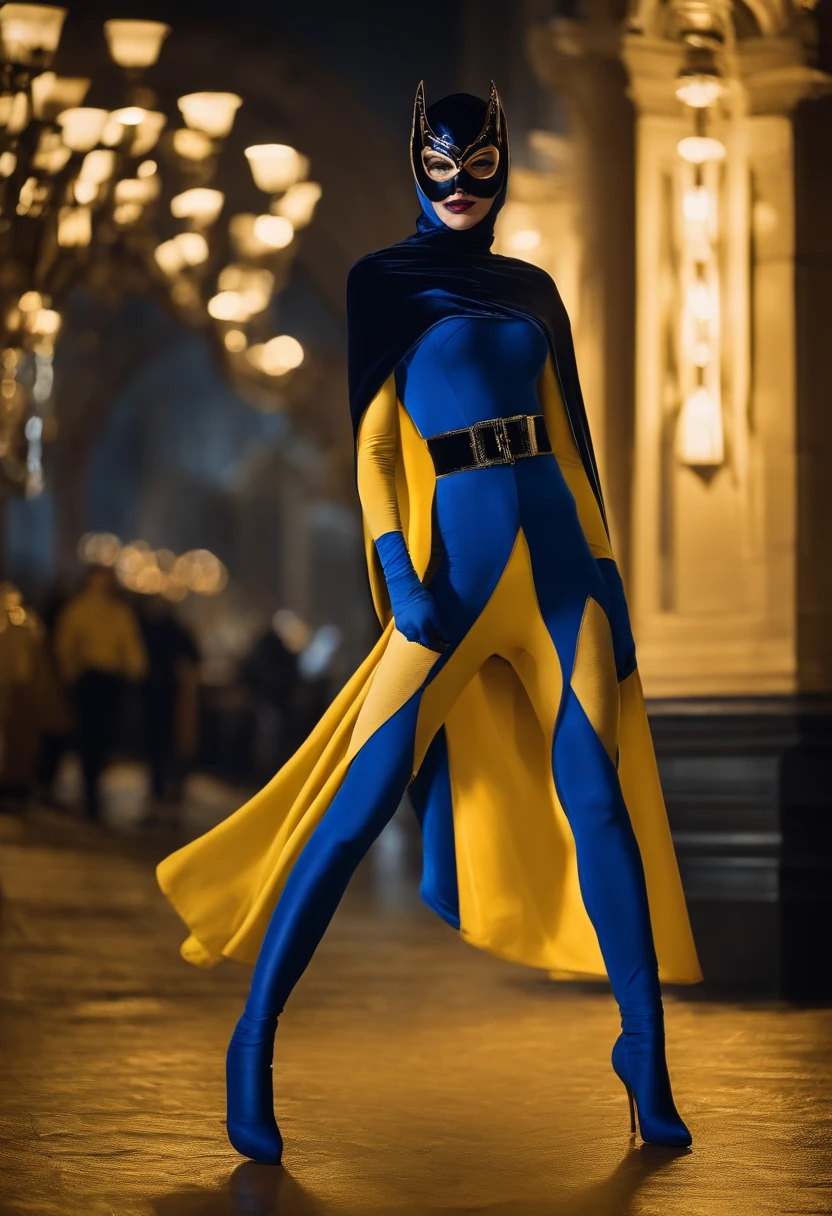 Une super-héroïne avec masque et cape, avec des collants bleus brillant sur les jambes, avec ceinture jaune, en haute qualitė.