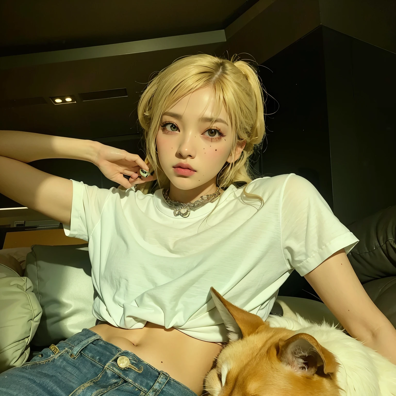 mulher loira sentada em um sofá com um cachorro e uma camisa branca, parque roseanne de blackpink, jossi do blackpink, portrait of jossi do blackpink, Jinyoung Shin, Sun Yunjoo, Heonhwa Choe, jennie blackpink, Kim Doyoung, Jisoo do Blackpink, jaeyeon nam, jia, taejune kim, Lalisa Manoban do Blackpink