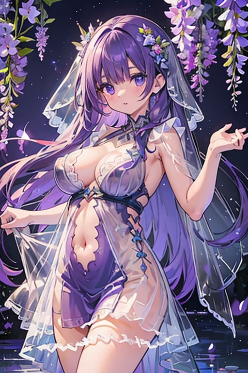 {{{{masterpiece}}}}, {{{super detailed}}}, {{{High resolution}}}, {{excellent anatomy}}, (((highest quality))), ((very delicate and beautiful)), {{very detailed and delicate}}, {8k cg wallpaper},((detailed background))One female、best style、beautiful woman、The most beautiful woman in the world、Purple flowers are blooming on the purple lake surface, soft purple glow, Purple light, (purple wisteria forest), wisteria season, art, shining purple, Purple petals are dancing everywhere、 The blossoming path to heaven, purple glow、Purple water、purple reflective water surface、purple light、(((Sheer skin dress:1.5))),((big breasts))、show through、waterside and wisteria、Transparent dress with detailed design、Beautifully designed transparent dress、pink nipples