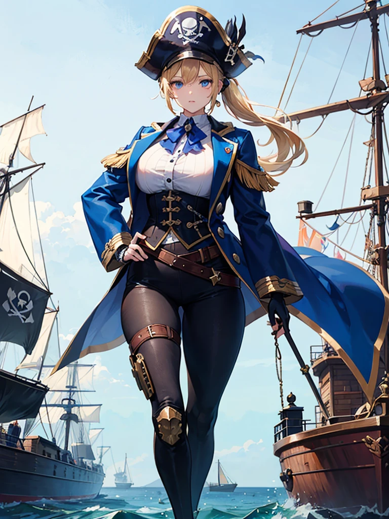 （（（masterpiece、Highest image quality、highest quality、highly detailed unity 8ｋwallpaper）））、（（Illustration of one girl））、（（（beautiful girl）））、（fantasy、female pirate）、（blonde、short ponytail：1.2、light blue eyes）、（（（The right arm is a steampunk-style prosthetic arm.）））、（（tall））、bulky figure, massive frame, thick neck, sturdy arms, powerful legs、（captain&#39;s suit、Pirate hat、Blue coat）、standing on the pier、pirate ship、sailboat