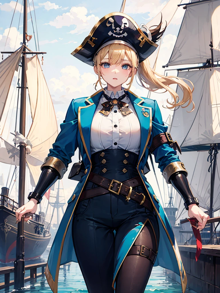 （（（masterpiece、Highest image quality、highest quality、highly detailed unity 8ｋwallpaper）））、（（Illustration of one girl））、（（（beautiful girl）））、（fantasy、female pirate）、（blonde、short ponytail：1.2、light blue eyes）、（（（The right arm is a steampunk-style prosthetic arm.）））、（（tall））、bulky figure, massive frame, thick neck, sturdy arms, powerful legs、（captain&#39;s suit、Pirate hat、Blue coat）、standing on the pier、pirate ship、sailboat
