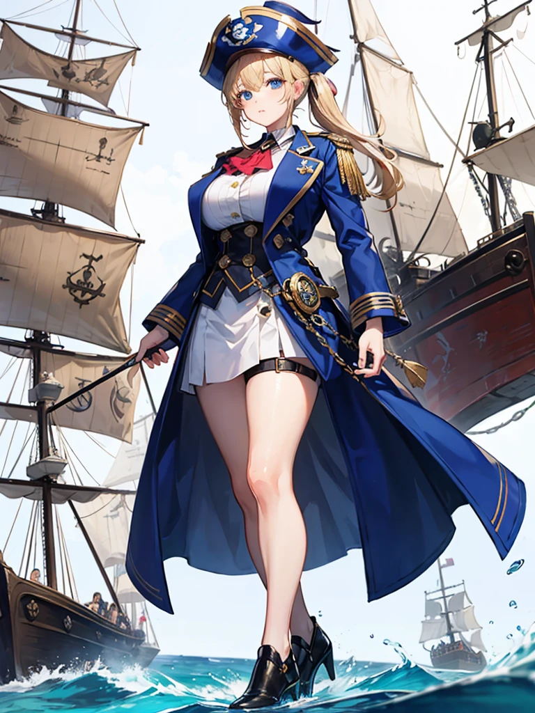 (((masterpiece、Highest image quality、highest quality、highly detailed unity 8kwallpaper)))、((Illustration of one girl))、(((beautiful girl)))、(fantasy、female pirate)、(blonde、short ponytail:1.2、light blue eyes)、(((The right arm is a steampunk-style prosthetic arm.)))、((tall))、bulky figure, massive frame, thick neck, sturdy arms, powerful legs、(captain's suit、Pirate hat、Blue coat)、standing on the pier、pirate ship、sailboat