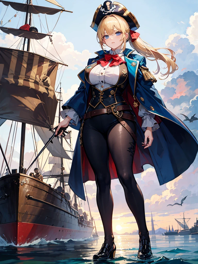(((masterpiece、Highest image quality、highest quality、highly detailed unity 8kwallpaper)))、((Illustration of one girl))、(((beautiful girl)))、(fantasy、female pirate)、(blonde、short ponytail:1.2、light blue eyes)、(((The right arm is a steampunk-style prosthetic arm.)))、((tall))、bulky figure, massive frame, thick neck, sturdy arms, powerful legs、(captain's suit、Pirate hat、Blue coat)、standing on the pier、pirate ship、sailboat