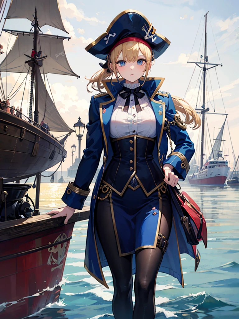 (((masterpiece、Highest image quality、highest quality、highly detailed unity 8kwallpaper)))、((Illustration of one girl))、(((beautiful girl)))、(fantasy、female pirate)、(blonde、short ponytail:1.2、light blue eyes)、(((The right arm is a steampunk-style prosthetic arm.)))、((tall))、bulky figure, massive frame, thick neck, sturdy arms, powerful legs、(captain's suit、Pirate hat、Blue coat)、standing on the pier、pirate ship、sailboat