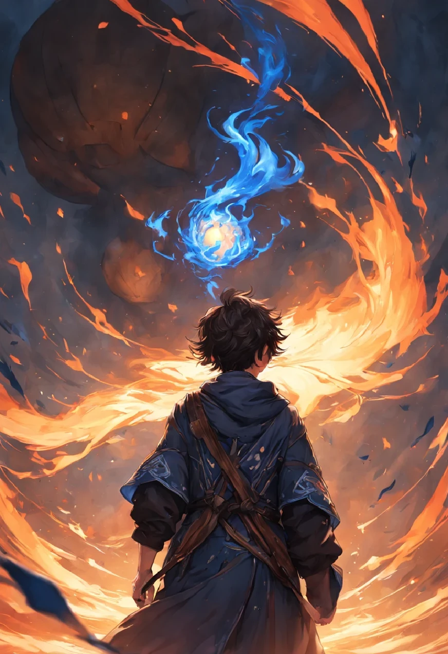 high resolution,high detail,8k,alone,(a boy:1.9),cool guy,HD face,Short black messy hair,The gifted Master Mage,In one hand there is a fireball burning with blue flames,fire flame effect:1.3,Behind is a flying pig,The content is very detailed,ultra high definition