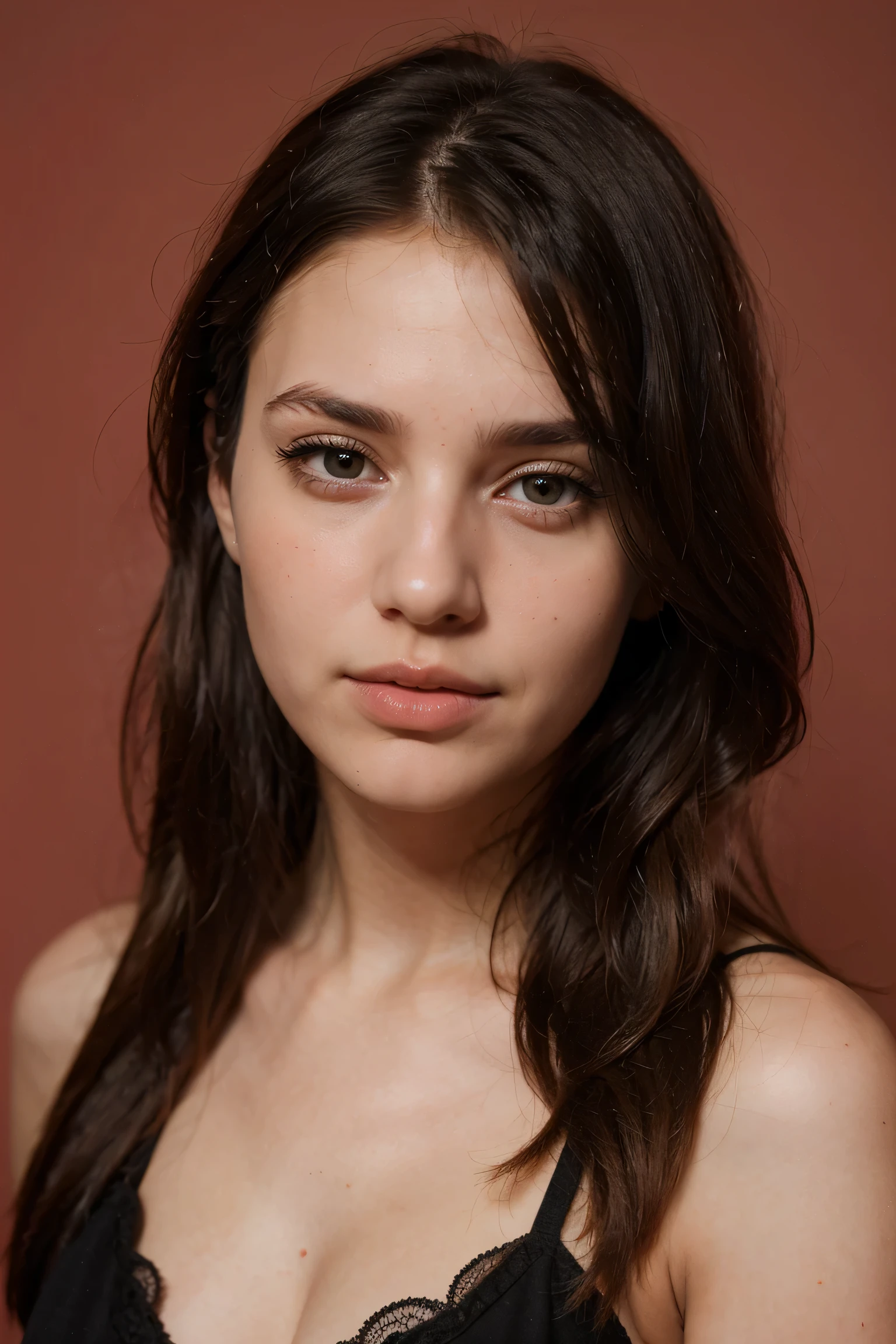 "Picture a 21-year-old Caucasian woman with mesmerizing brown-black hair and captivating eyes. wearing beautiful red dress in a party ,background should be potred