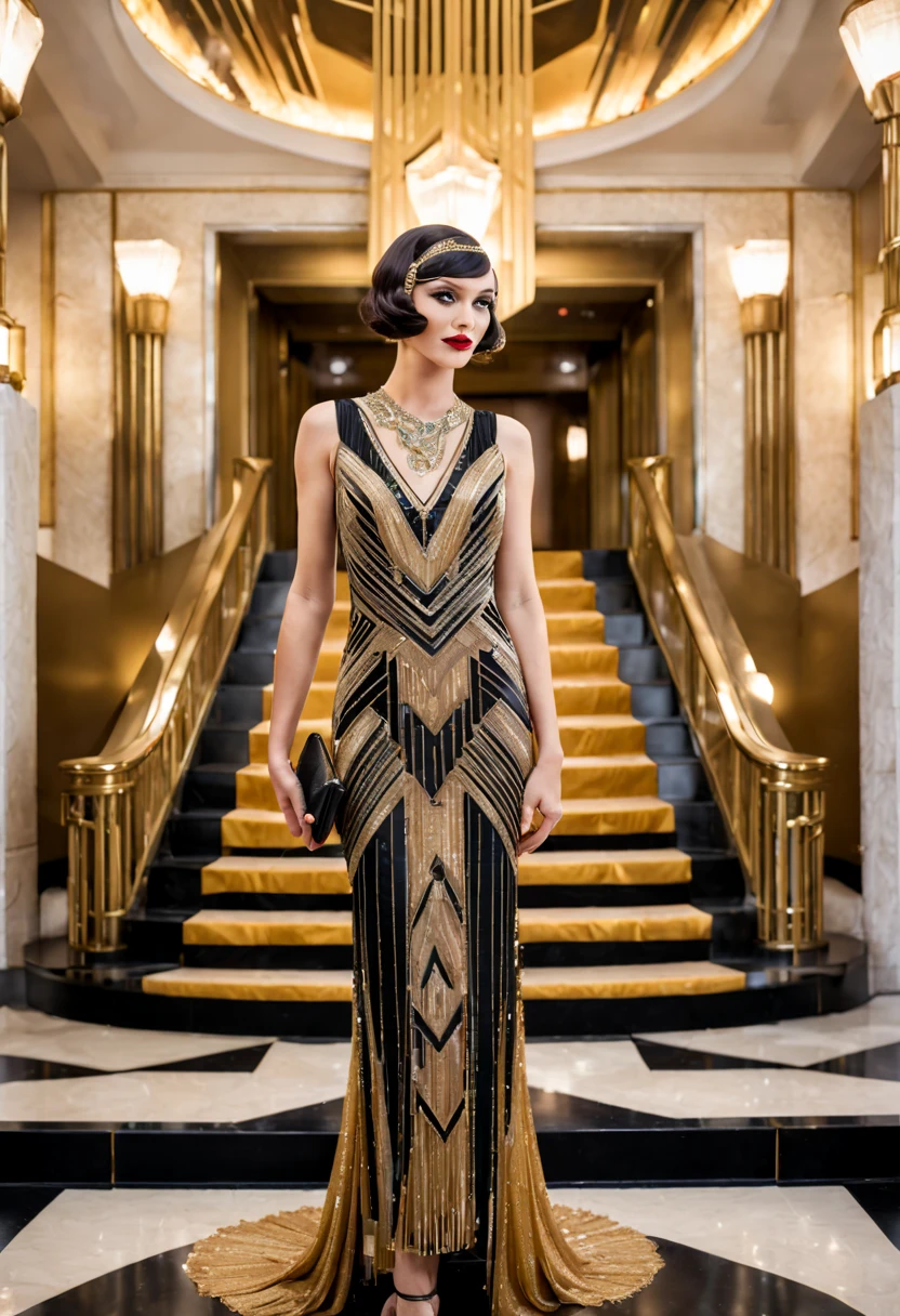 Art Deco, Art Deco style, Art Deco lobby, grand staircase, geometric patterns, gold and chrome accents, flapper girl descending, sleek bob haircut, beaded gown, (opulence), (symmetry), (high contrast), (vibrant), (1920s elegance) . geometric shapes, bold colors, luxurious, elegant, decorative, symmetrical, ornate, detailed, sleek, geometric forms