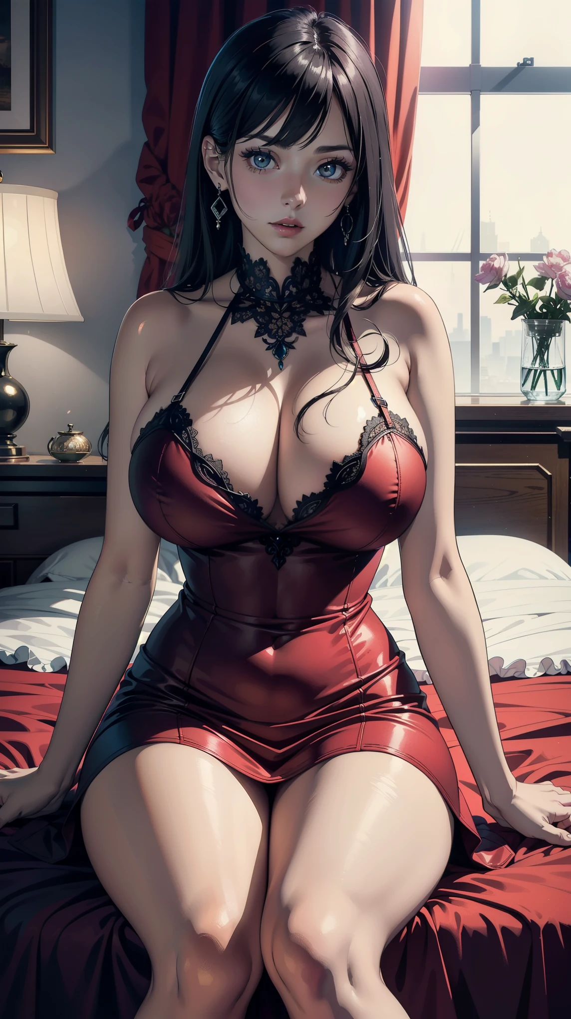  (masterpiece, top quality, best quality, official art, beautiful and aesthetic:1.2), (beautiful face), 
extremely detailed,colorful,highest detailed, (sitting on bed), bright eyes, huge breast, ((yelanrnd)),(erotic dress:1.2),