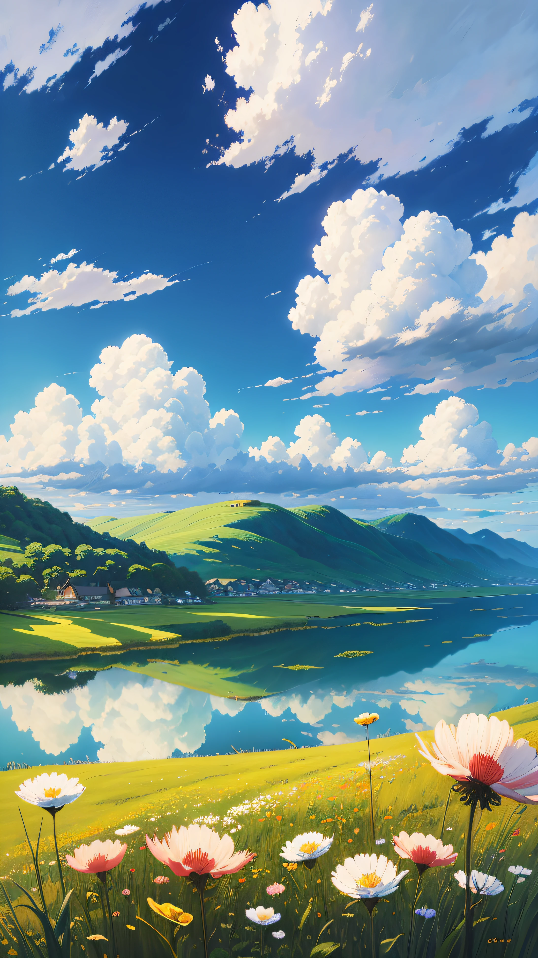 Realistic, authentic, beautiful and amazing landscape oil painting Studio Ghibli Hayao Miyazaki&#39;s petal grassland with blue sky and white clouds --v6