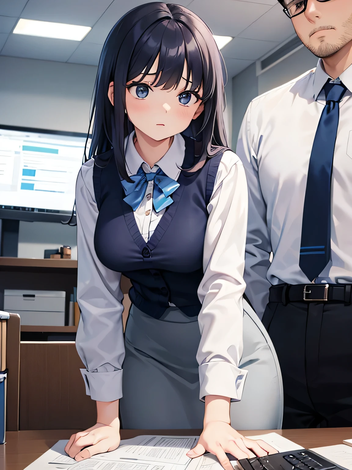(1) a woman is working in an office.
(2) a man is talking to her、she is ignoring him.
(3) The woman is wearing a white blouse, a dark blue vest and a gray tight skirt。.
(4) The woman's expression is very cold.
(5) Location、This is her office desk where she is working on her computer.。.