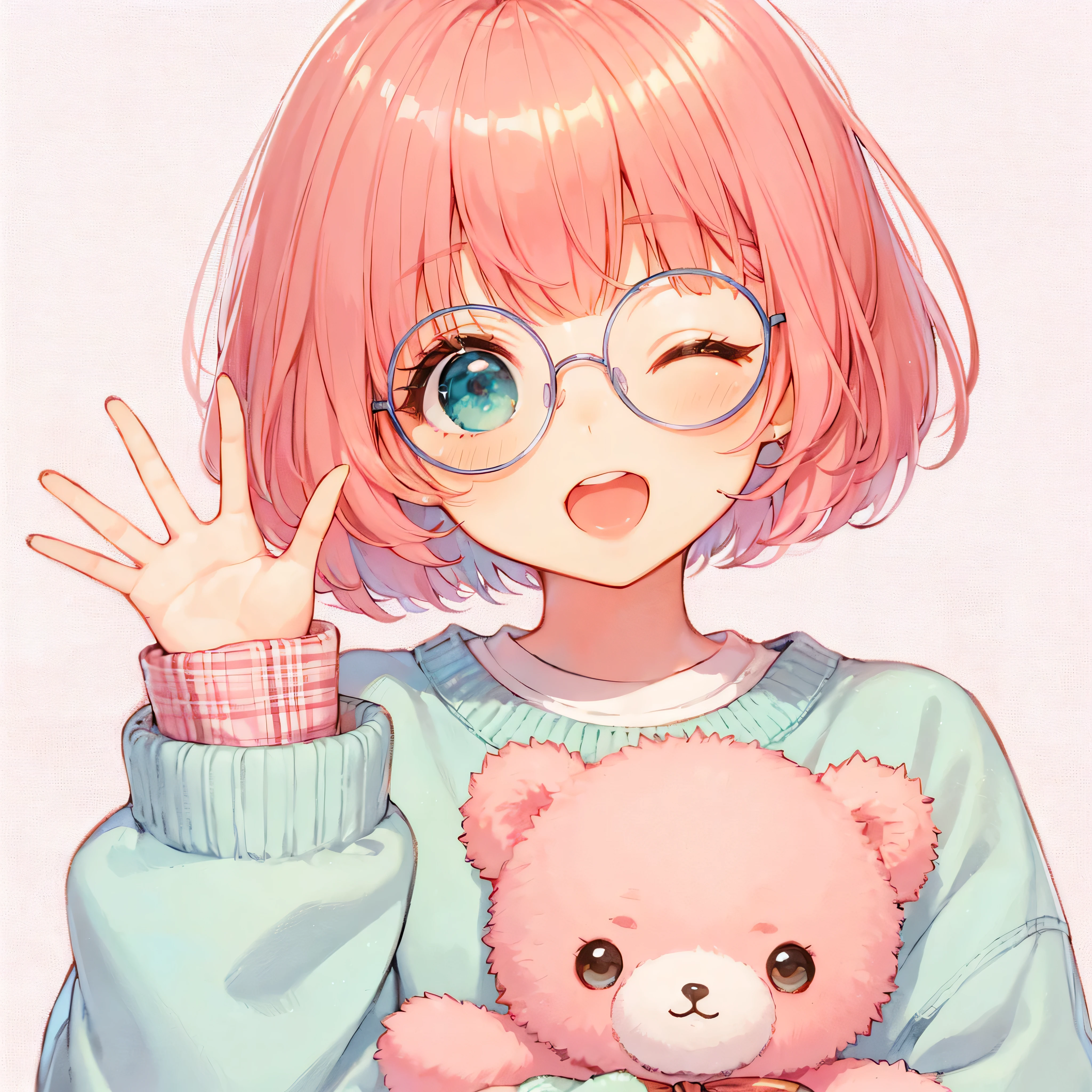1 girl, , pixie cut, (pink hair:1.4), bowl cut hair, hime cut bangs, wearing rectangular, slim, light blue framed glasses, winking, holding a cute deformed pink teddy bear, bright green eyes, slim, very baby face, sssion, right hand raised high in joy with natural looking fingers, large kind eyes, often smiling, attractive smile, casual pastel clothes, off-shoulder,
BREAK
flat high-quality illustration style,
BREAK
shot from behind
