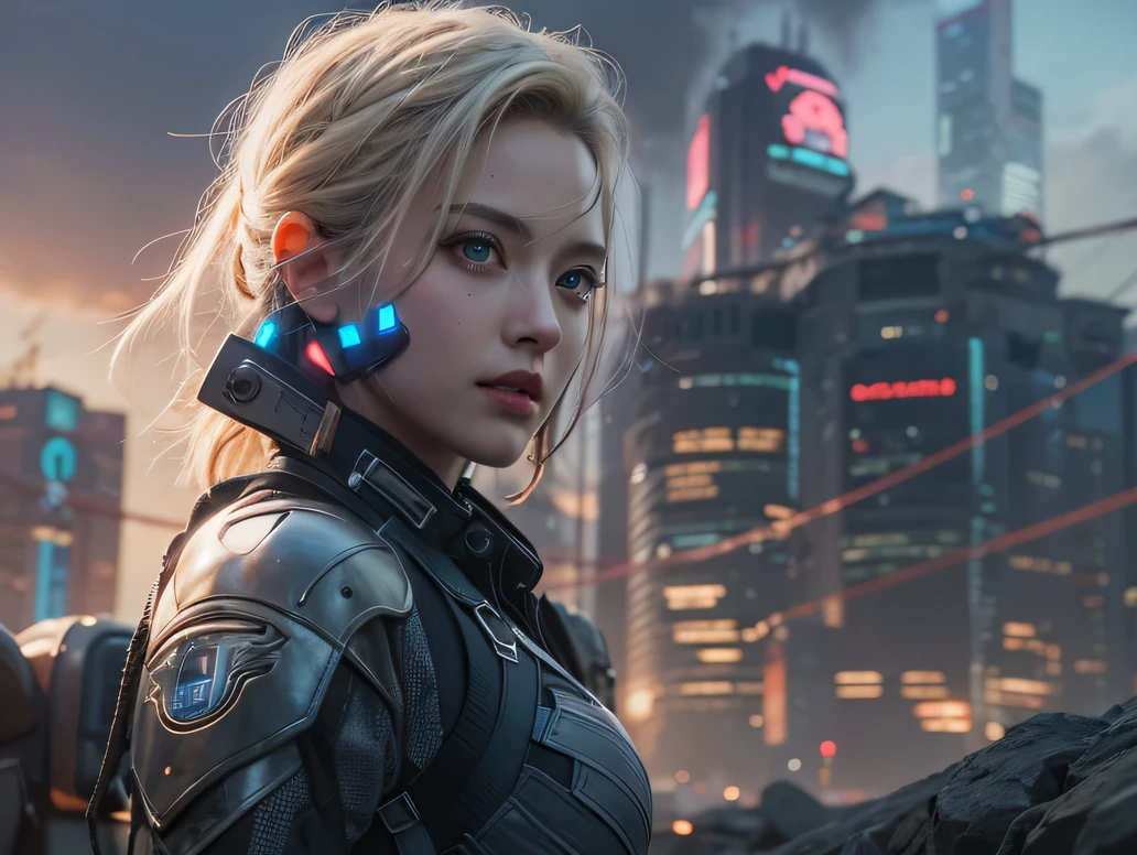 cyberpunk world war 3, cinematic composition, Fantasy digital painting by Greg Rutkowski and James Gurney, Trending with ArtStation, very detailed, hyperrealistic, realistic, photorealistic, dynamic lighting, very detailed, cinematic landscape, Studio Landscape, studio lighting, 1 cute girl, idol face, (beautiful and fine eyes:1.5), short wavy blonde hair, combat uniform,