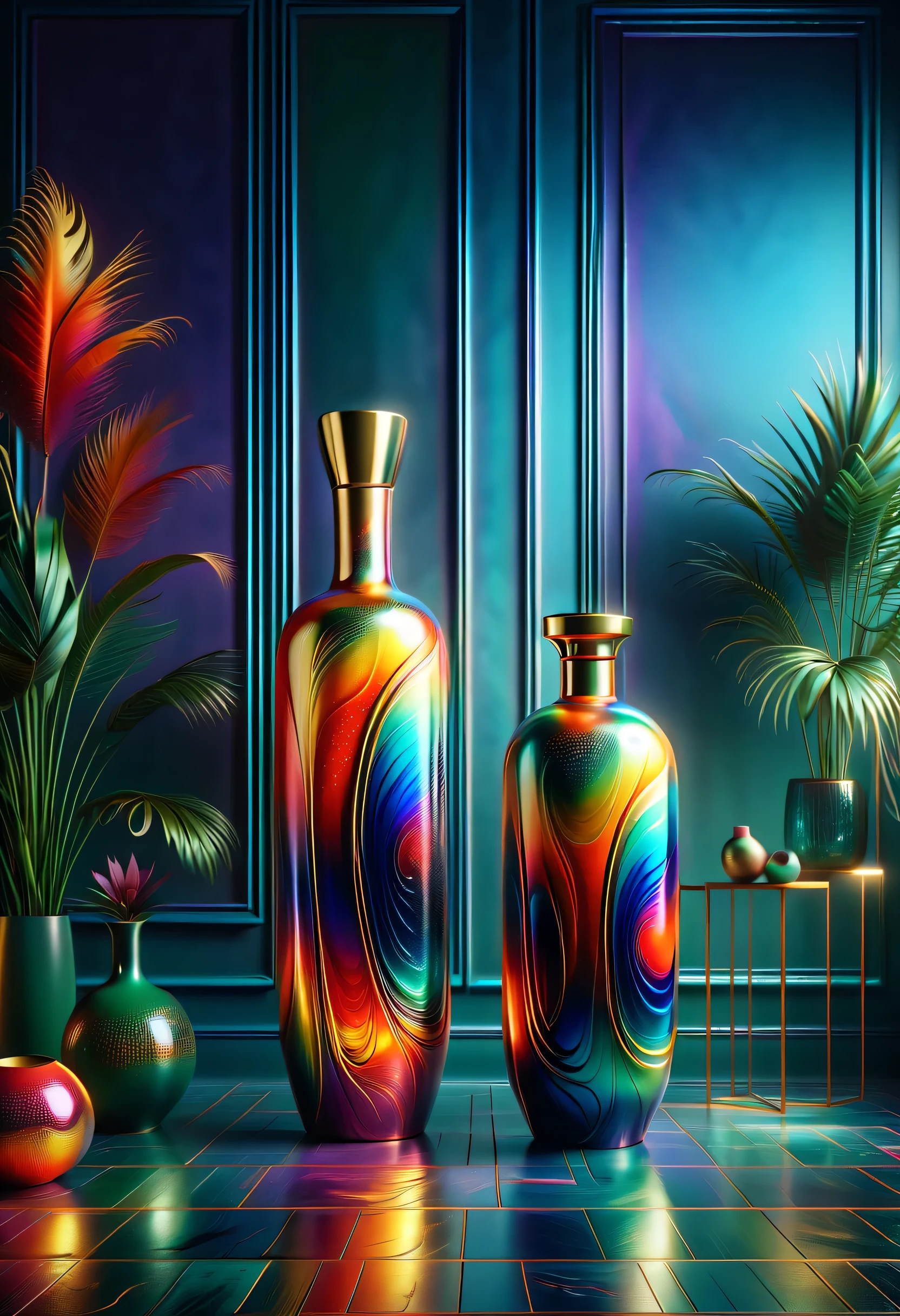 (best quality,4K,8k,high resolution,masterpiece:1.2),super detailed,(actual,photoactual,photo-actual:1.37)。Technology and Industry,Avant-garde art,exotic,Art Deco,Unique。(((spacious明亮的房间,high-rise,Expose artistic,Art Deco style in a dazzling color space,spacious,grand,)))。Light luxury texture,Space color matching,Metallic Color、Bright colors are the main color overall,The colors are bright and bright,Strong visual impact,Promote the atmosphere of the entire space,Curved decorative metal decorative bottle,Full of artistic tension and aristocratic temperament,Metallic Color搭配红色、green、blue、orange,bright colors,For example, purple,Rhythmic spatial rhythm,幻化出exotic,modern,advanced。