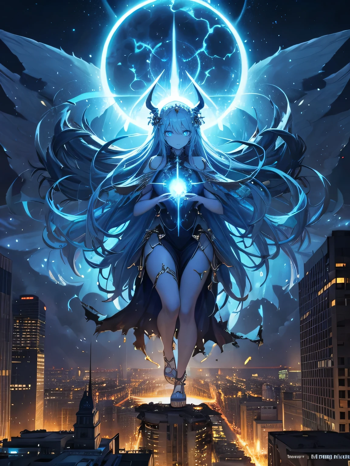 destroyed city, (100 meter tall huge goddess floating, emits light from all over the body, last judgment, blue flame, lost pupils, drooping eyes, realistic skin),