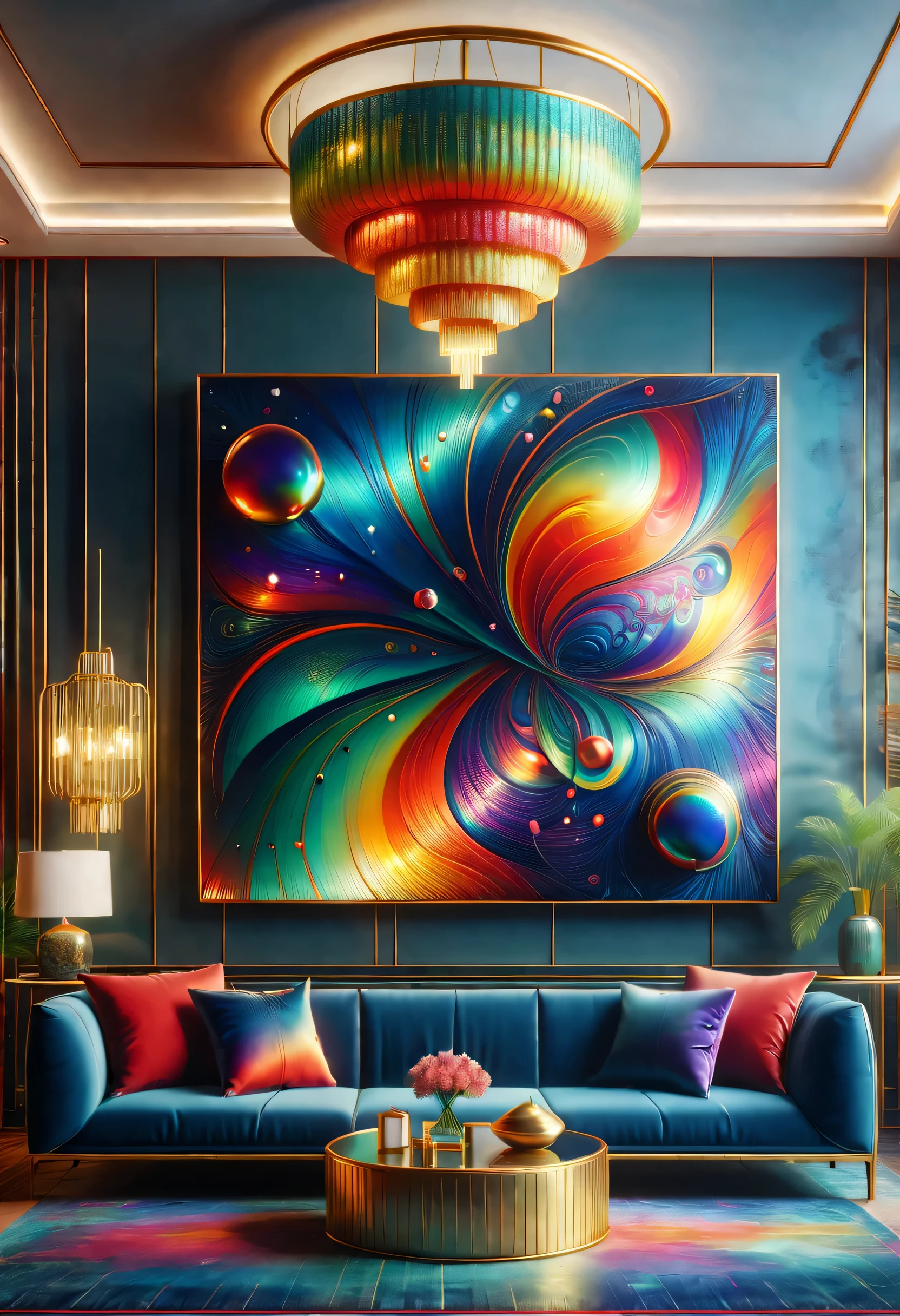 (best quality,4K,8k,high resolution,masterpiece:1.2),super detailed,(actual,photoactual,photo-actual:1.37)。((Avant-garde art,Exotic soft furnishings,Unique décor,Elegant and refined, Elegant and gorgeous, Gorgeous and elegant,))。((an art deco,Expose artistic,Spacious and bright living room)),sofa,Decorative painting,geometric lamp。3d rendering。in brilliant color space。Light luxury texture,Space color matching,Mechanical style,Mechanical aesthetic concept,用几何Wire条表示,Create a minimalist architecture with a sense of power,((Wire、lightning、radiation、Wire graphics with abstract meanings such as star icons,Integrate it into modern spaces,Bring visual impact through patterns。))。Metallic Color、Bright colors are the main color overall,The colors are bright and bright,Strong visual impact,Promote the atmosphere of the entire space,curved decorative metal decoration,Full of artistic tension and aristocratic temperament,Metallic Color搭配红色、green、blue、orange,bright colors,For example, purple,Rhythmic spatial rhythm,Transformed into an exotic scene,modern,advanced。