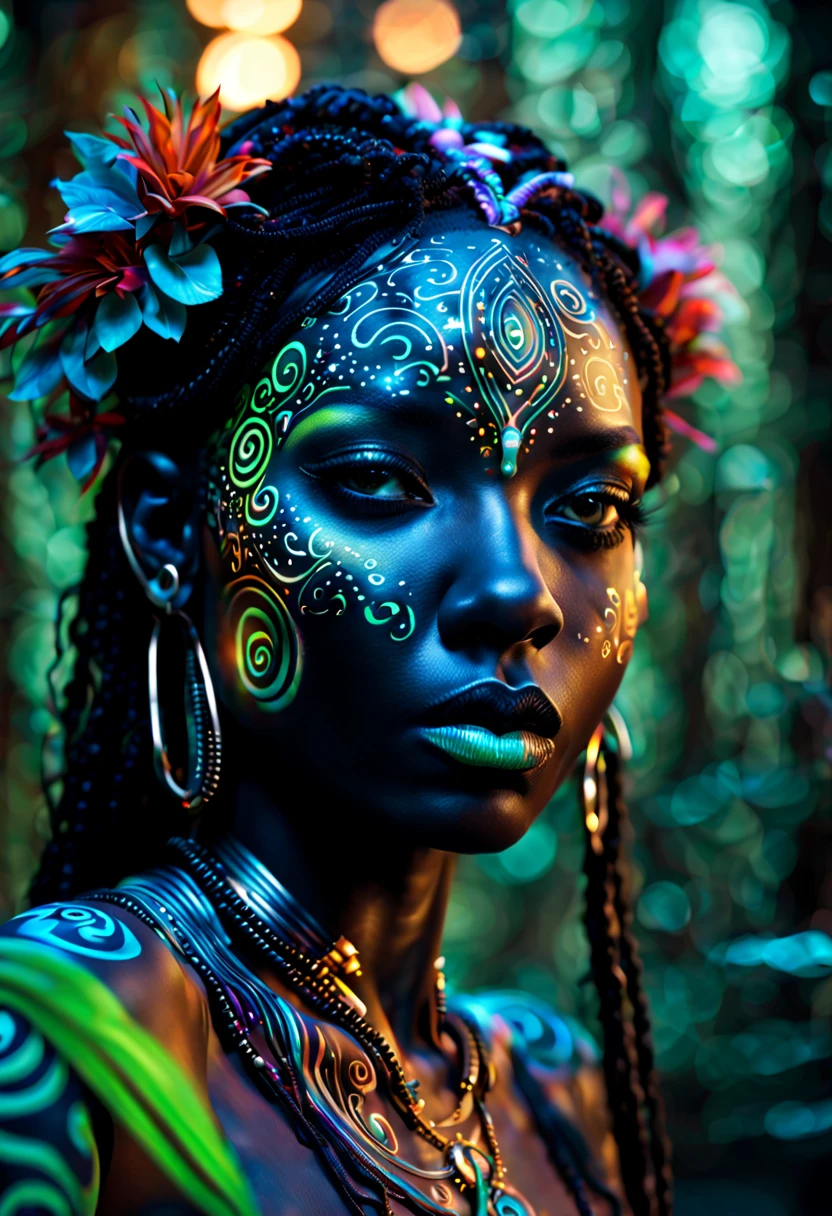 Generate an image of avatar-like girl with black skin adorned in intricate, multicolored photoluminescent tattoos, surrounded by the magical glow in a mystical forest. Convey an air of mystery and fantasy through their expressions and surroundings.