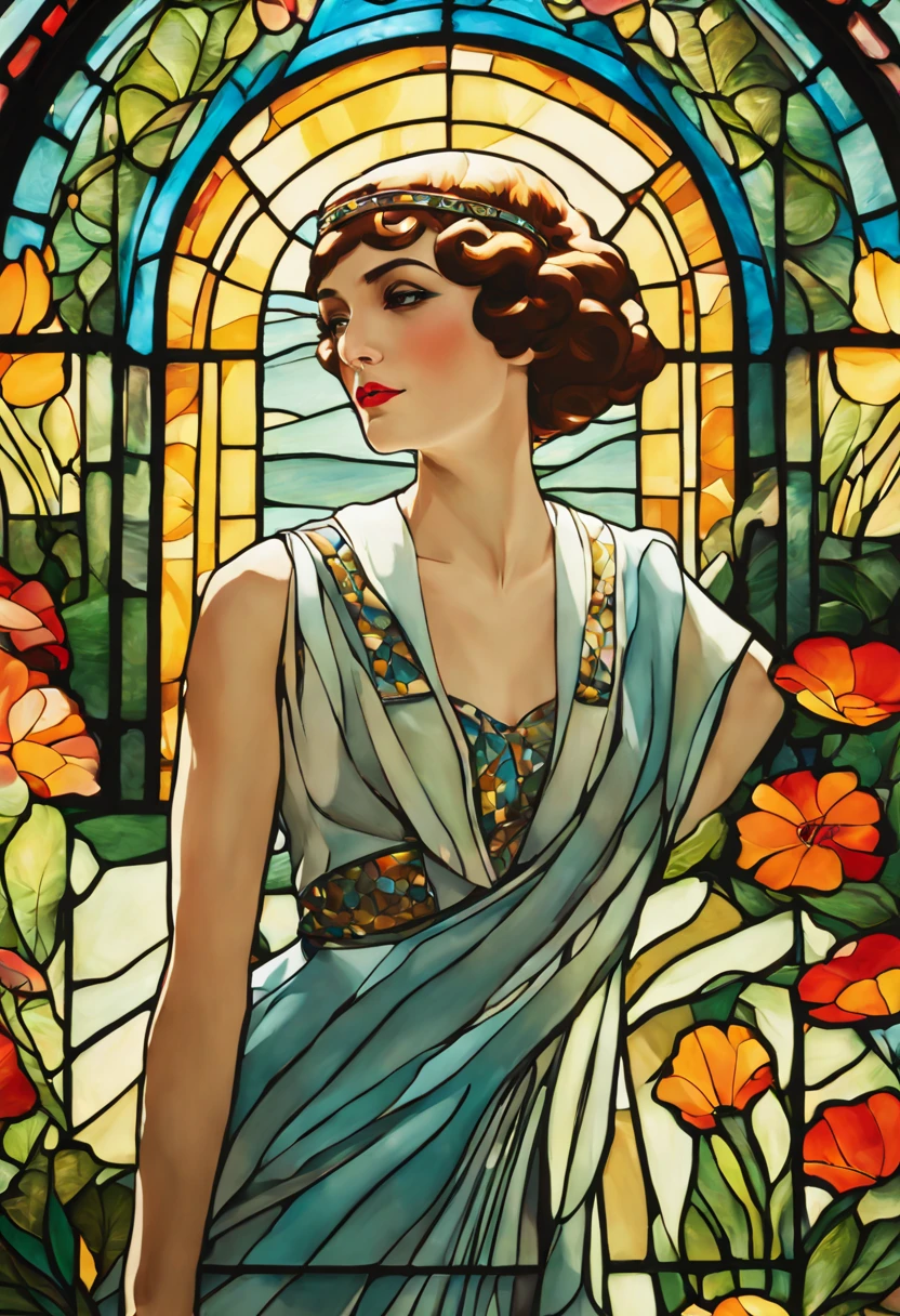 Art-Deco Stained Glass Art; Gorgeous 1920t´ Flapper Girl in a magnificient Art Deco Garden; perfect composition; World Press Photo Award winning Image; contemporary newspaper photography; artistic masterpiece; lifelike; intricately detailed vibrant professional Photography; Canon Lens, shot on Kodachrome ISO ; Action Photography; by Chris Burkard; Dave Lehl; Lucas Gilman; 16k resolutions; dynamic lighting; cinematic; shiny reimagined by Industrial Light and Magic, Hyperrealistic, splash art, concept art, mid shot, intricately detailed, color depth, dramatic, 2/3 face angle, side light, colorful background