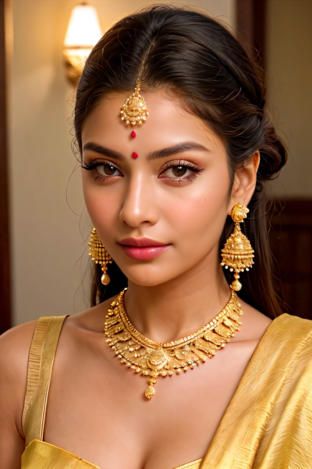 ((best quality)), ((masterpiece)), (detailed), perfect face

a close up of a woman wearing a white sari and gold jewelry, wearing gold jewellery, traditional beauty, traditional female hairstyles, wearing elegant jewellery, heavy gold jewellery, traditional makeup, gold jewellery, photo of a beautiful woman, wearing jewellery, very attractive and beautiful, closeup portrait shot, very beautiful enga style, golden jewellery, a beautiful young woman, indian